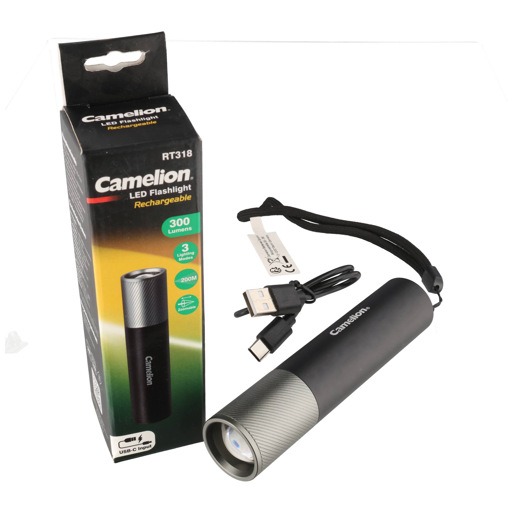 LED-Taschenlampe max. 300 Lumen - wiederaufladbar, 3W schwarz