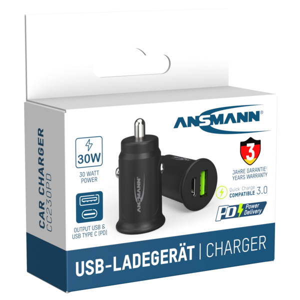 Ansmann KFZ-USB-Ladegerät 30 Watt USB + USB-C Ausgang 12-24 V DC