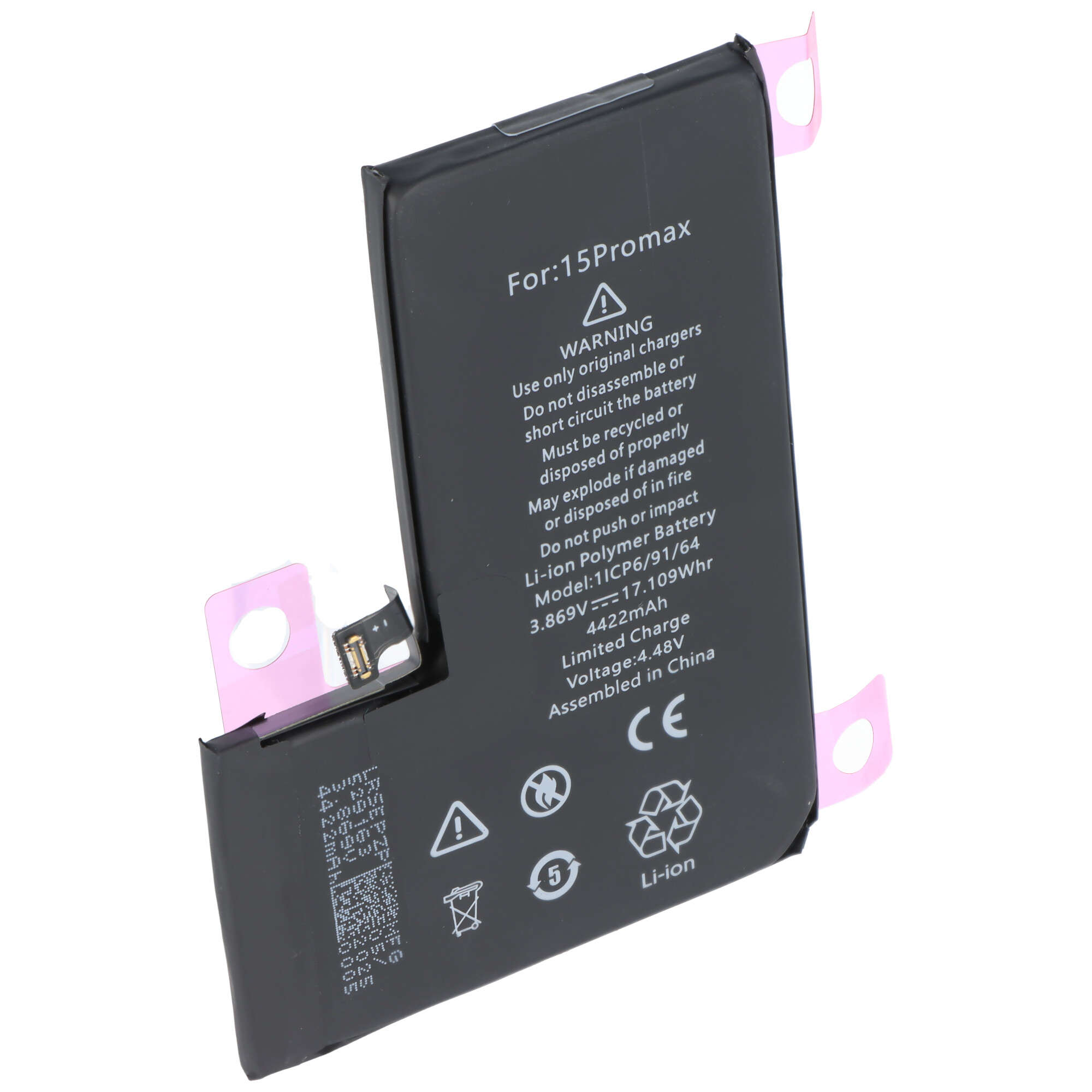 Akku passend für Apple iPhone 15 Pro Max, Li-Polymer, 3,86V, 4422mAh, 17,1Wh, ohne Werkzeug