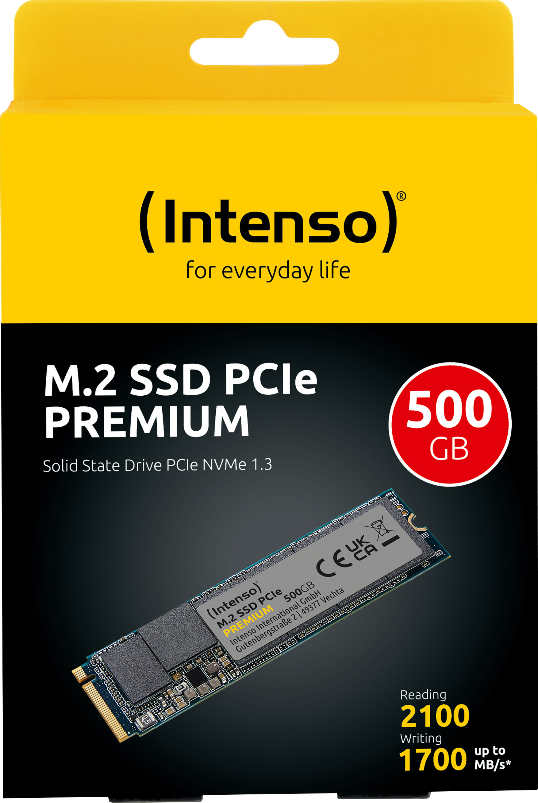 Intenso SSD 500GB, PCIe 3.0, M.2 2280, NVMe, Premium (R) 2100MB/s, (W) 1700MB/s, Retail
