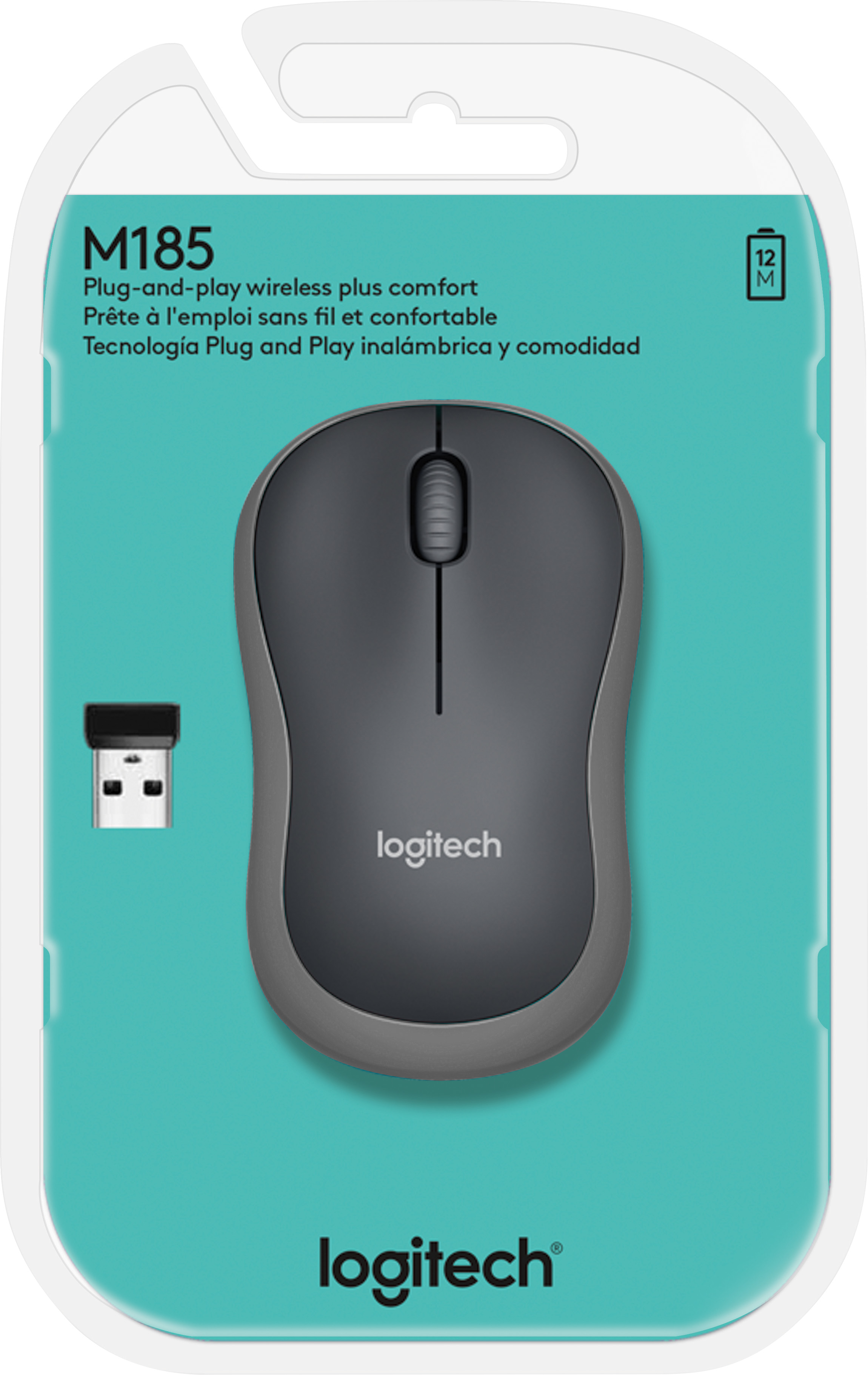 Logitech Maus M185, Wireless, grau Optisch, 1000 dpi, 3 Tasten, Retail