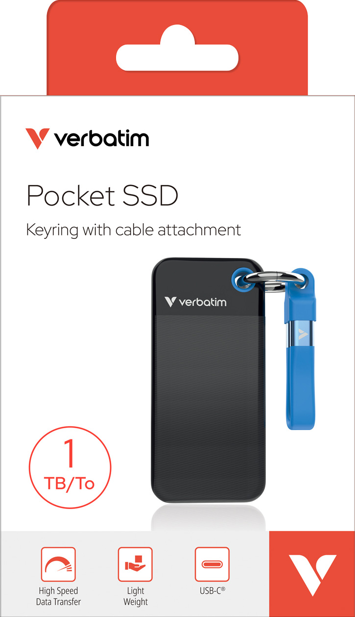 Verbatim SSD 1TB, USB 3.2, Typ-C, Pocket, schwarz-blau (R) 1000MB/s, (W) 1000MB/s, Keyring, Retail-Blister