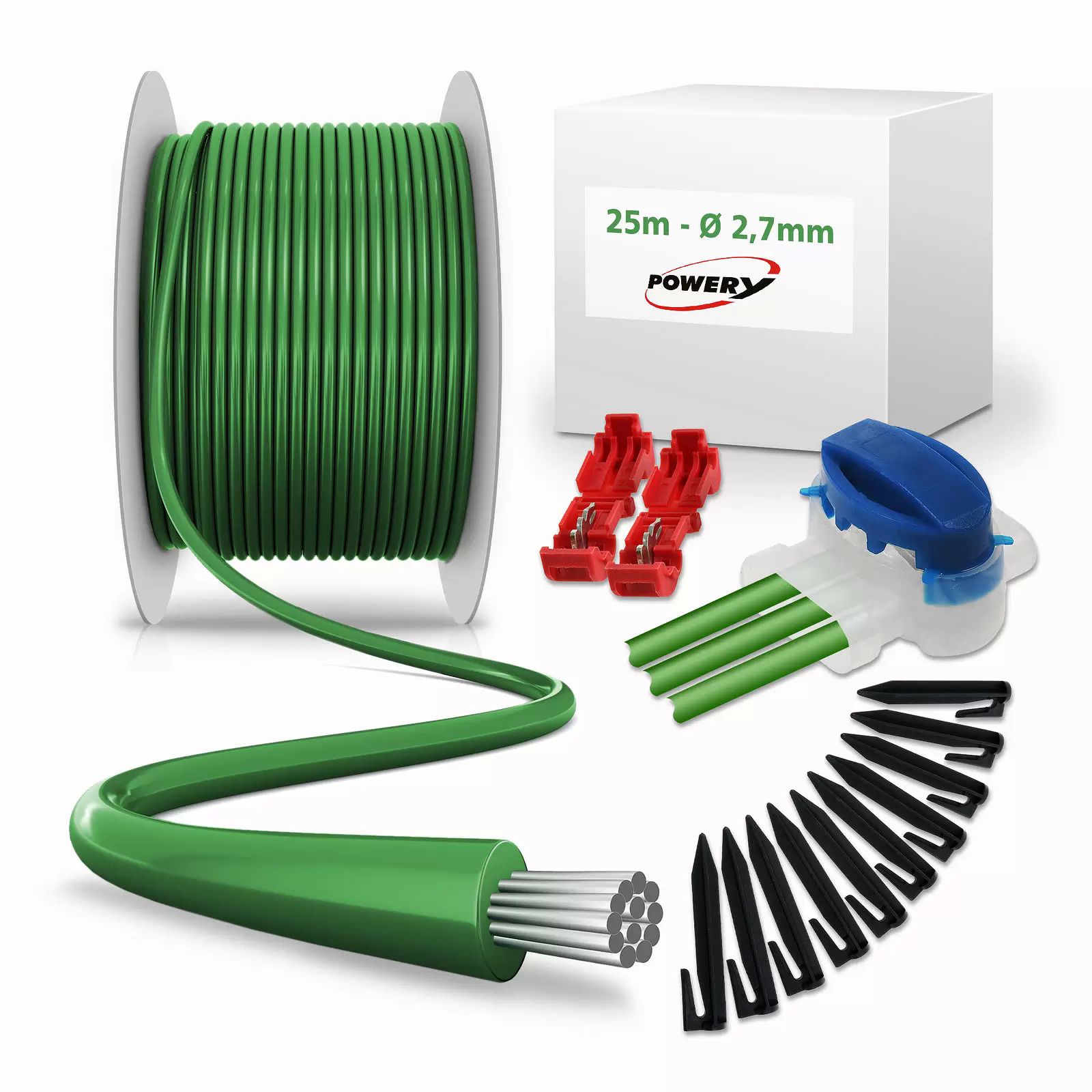 25m Begrenzungskabel (2,7mm) + 25x Haken + 8x Kabelverbinder für Mähroboter