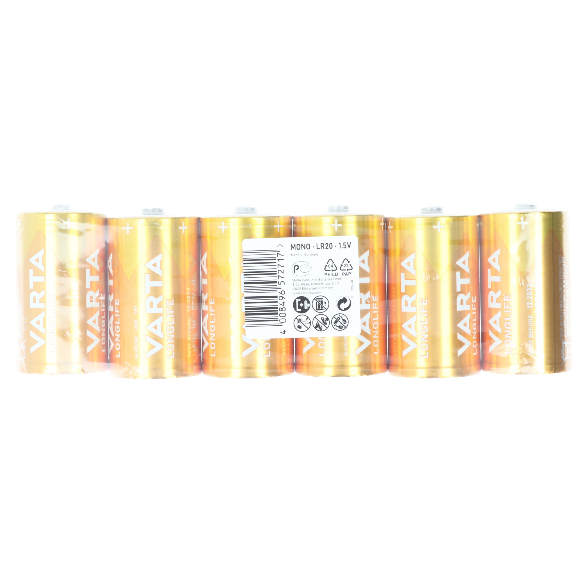 Varta Batterie Alkaline, Mono, D, LR20, 1.5V Longlife, Folienverpackung (6-Pack)
