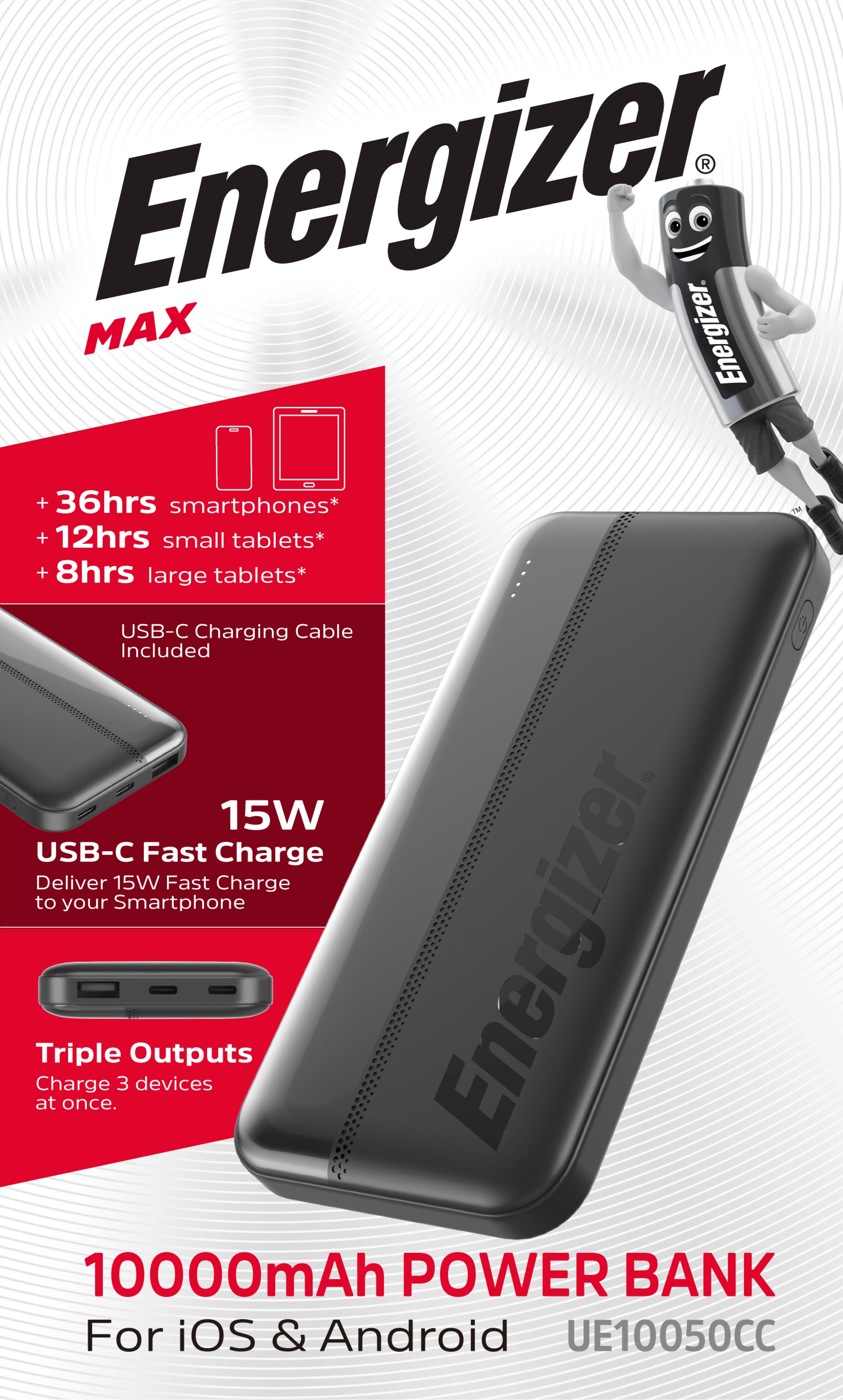 Energizer Akku Powerbank, 10.000mAh, UE10050CC, schwarz Max, 1x USB-A/2x USB-C, Retail