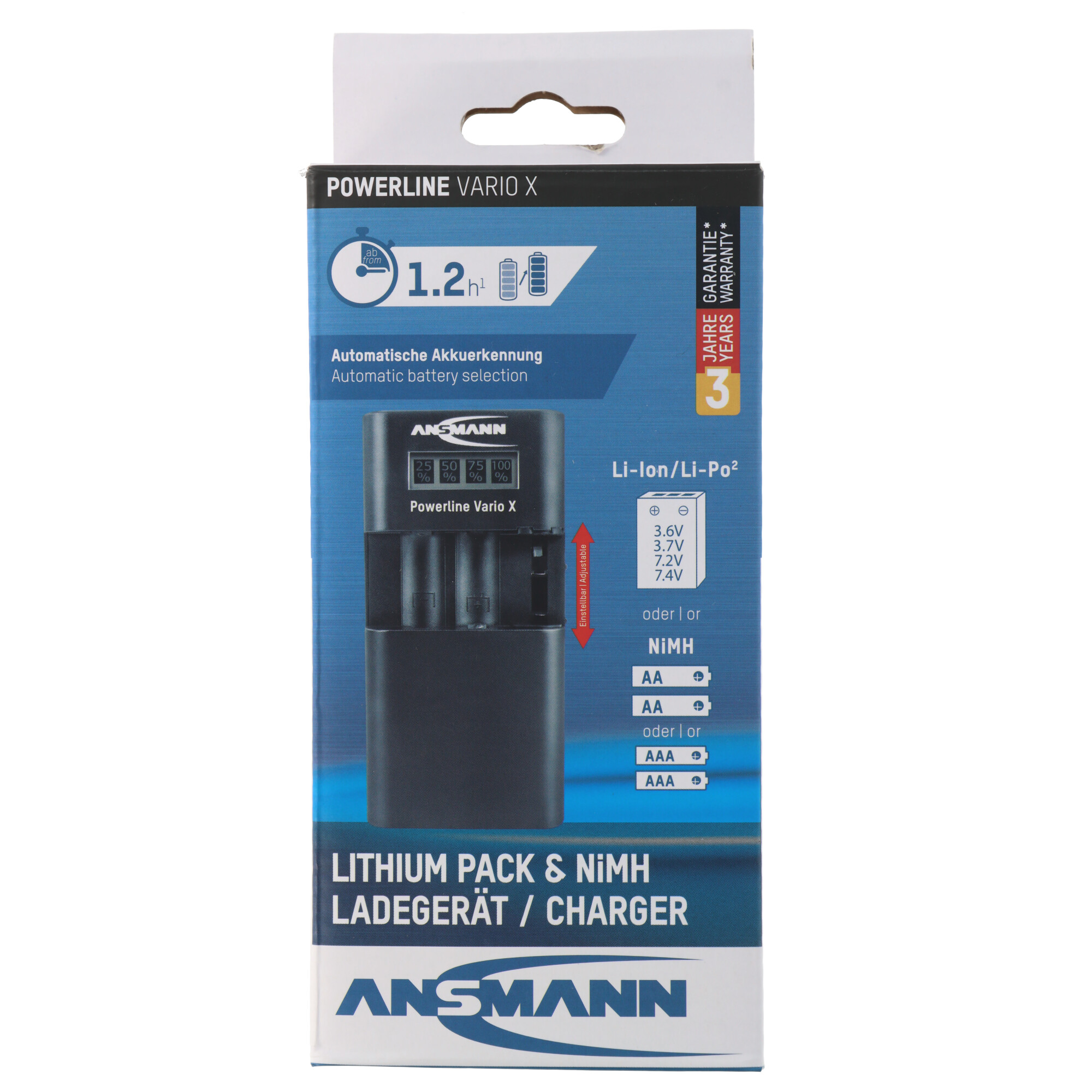Universalladegerät Ansmann Powerline Vario mit verschiebbaren Ladekontakten für Akkupack, Kamera, Camcorder, Telefon, AA, AAA