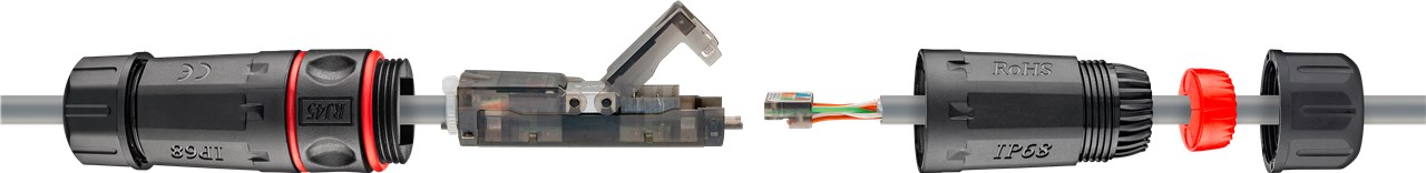 Goobay Outdoor (IP68) Netzwerkkabel-Verbinder, CAT 6 UTP ungeschirmt - staub- und wasserdicht, Klemmleiste für LSA Montage (werkzeugfrei)