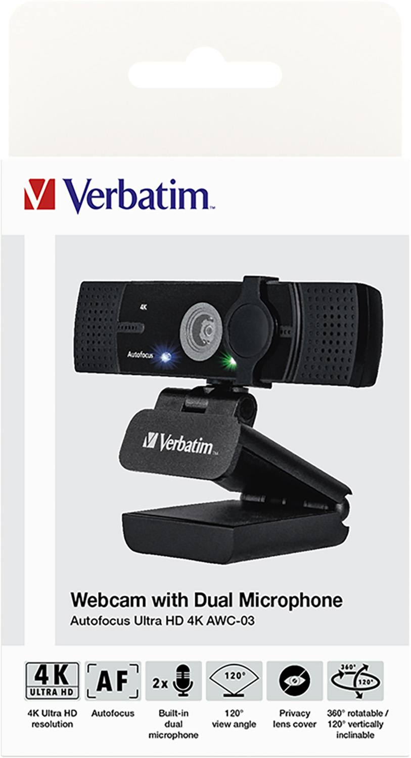 Verbatim Webcam AWC-03, 4K Ultra HD, schwarz 3840x2160, 30 FPS, USB, Privacy Shutter, Retail