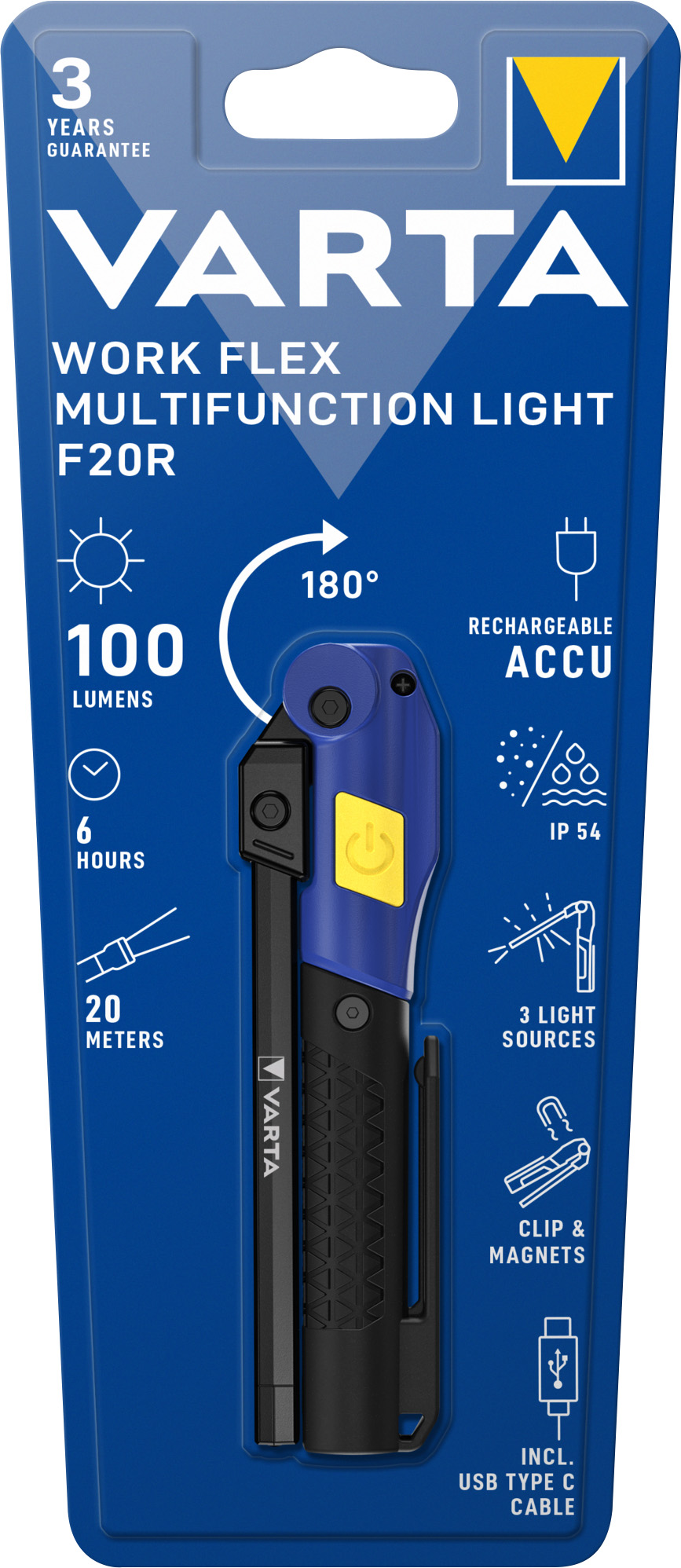 Varta LED Taschenlampe Work Flex Line, Multifunction Light 100lm, inkl. 1x Lithium-Ionen Akku, Retail Blister