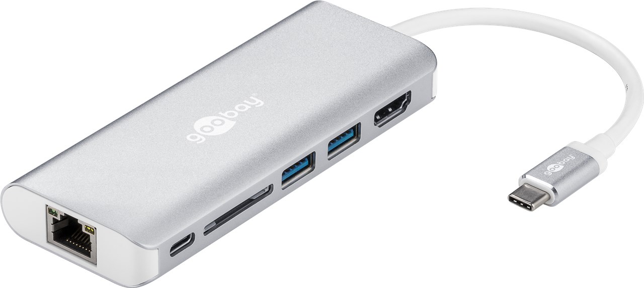 USB-C-Multiport-Adapter HDMI 4k30Hz, USB, CR, RJ45, PD, Alu, silber erweitert ein USB-C Gerät um einen Ethernet-, ein HDMI-, zwei USB 3.0- und einen USB-C-Anschluss, sowie einen Kartenschacht für SD Karten