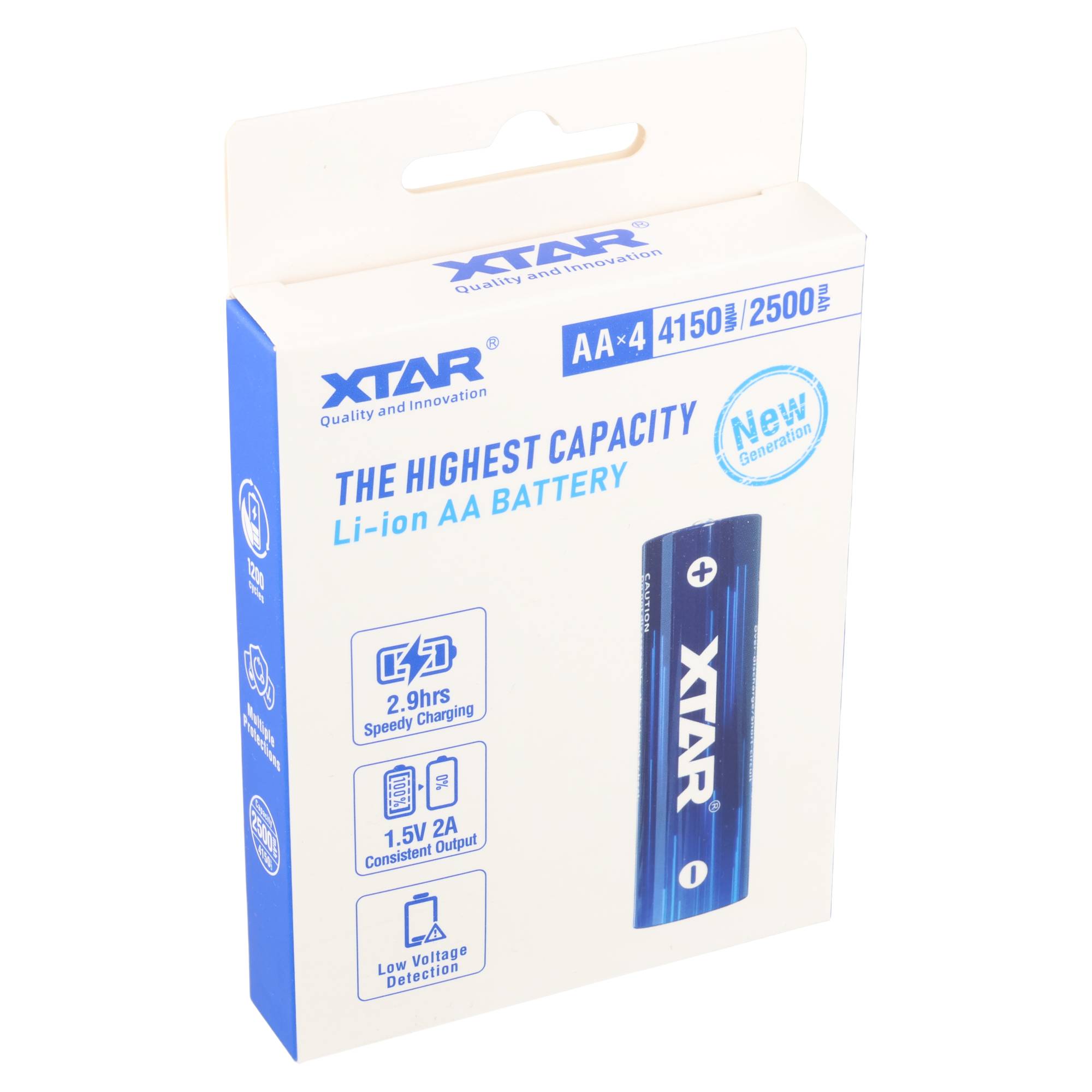 XTAR 1,5 V AA Li-Ion Akku – 4er-Set Mignon LR6 2500 mAh / 4150 mWh mit Kapazitätsindikator