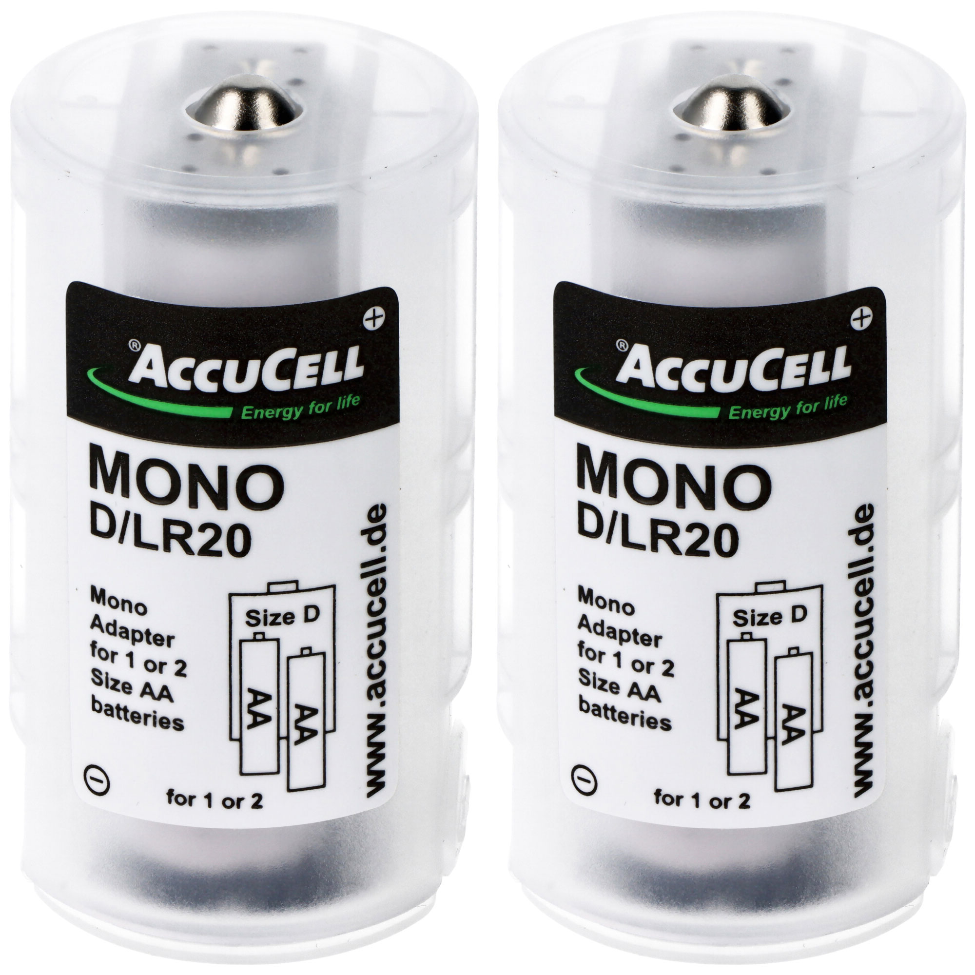 Universal Mono D Adapter im 2er Pack für 1 oder 2 Mignon, AA, LR6, FR6 Batterie oder  Akku – Batteriehalter AA Mignon (Kunststoff)