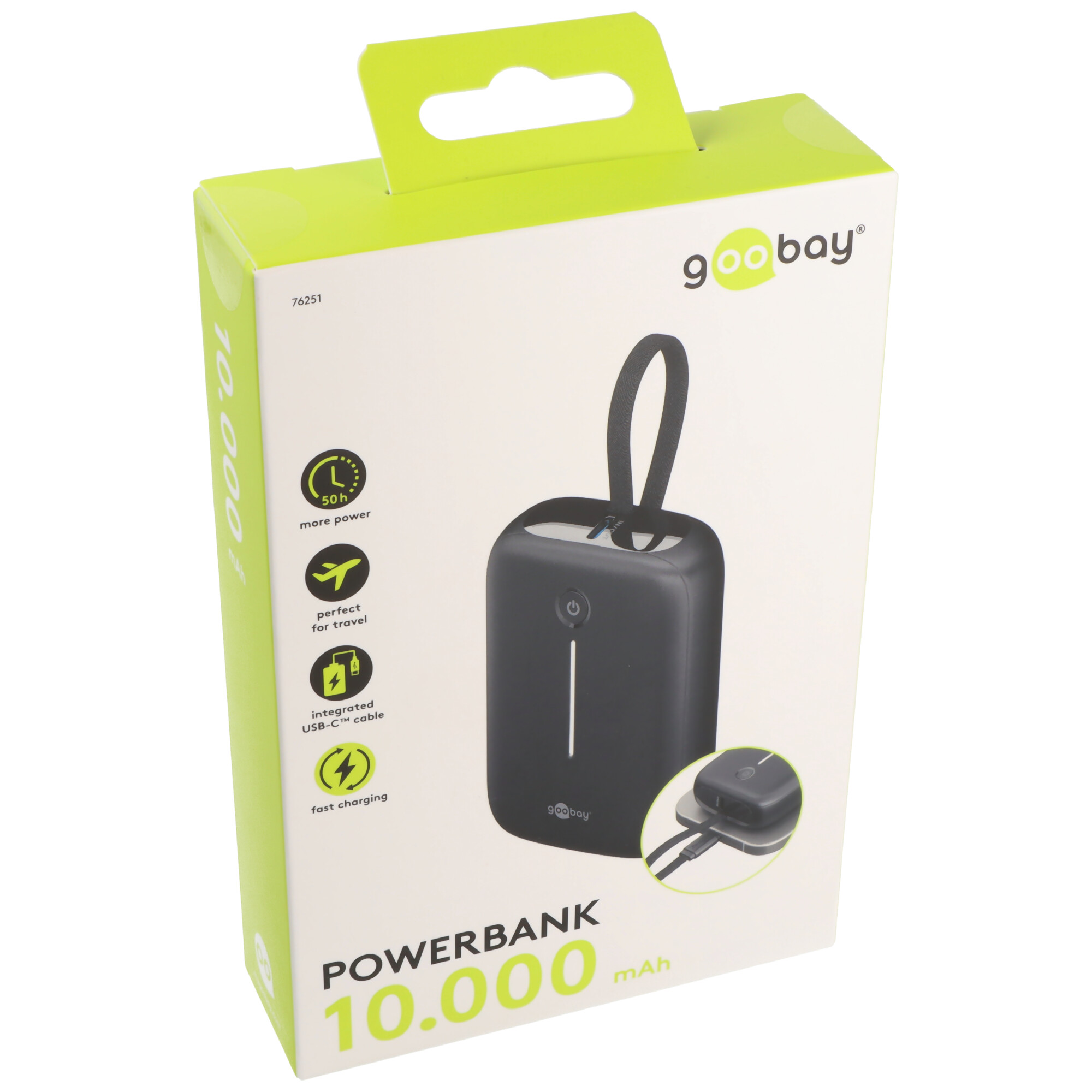 Goobay Powerbank 10.000 mAh mit integriertem USB-C™ Kabel, Schwarz