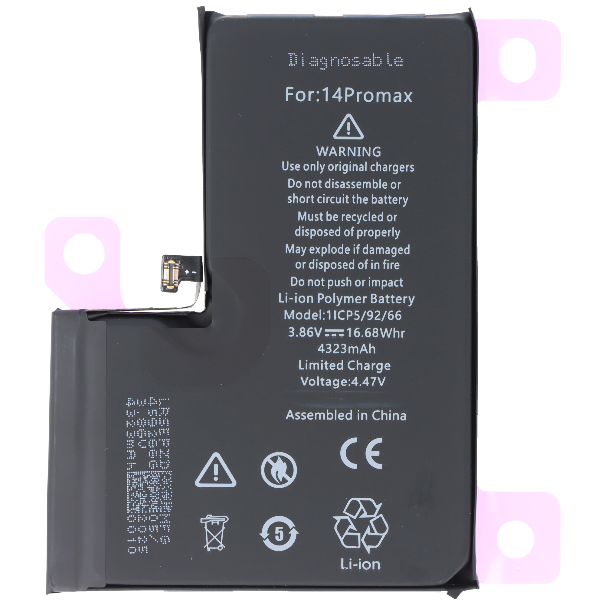 Akku passend für Apple iPhone 14 Pro Max, diagnostizierbar, Li-Polymer, 3,86V, 4323mAh, 16,68Wh, ohne Werkzeug