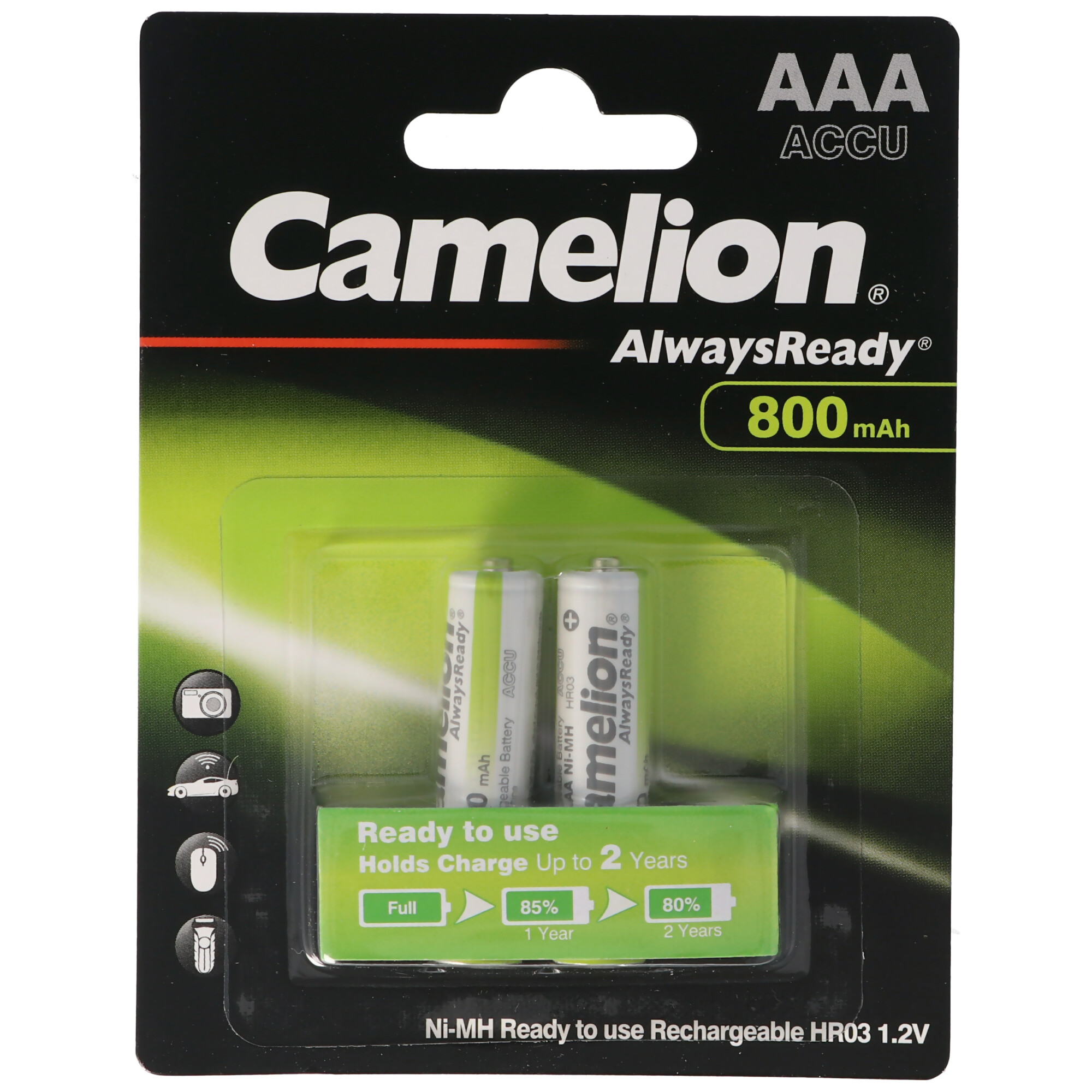 AAA, Micro LR3, HR03, NiMH Akku mit 800mAh in 2er Blisterverpackung, Always Ready mit geringer Selbstentladung, Ready to Use Akku