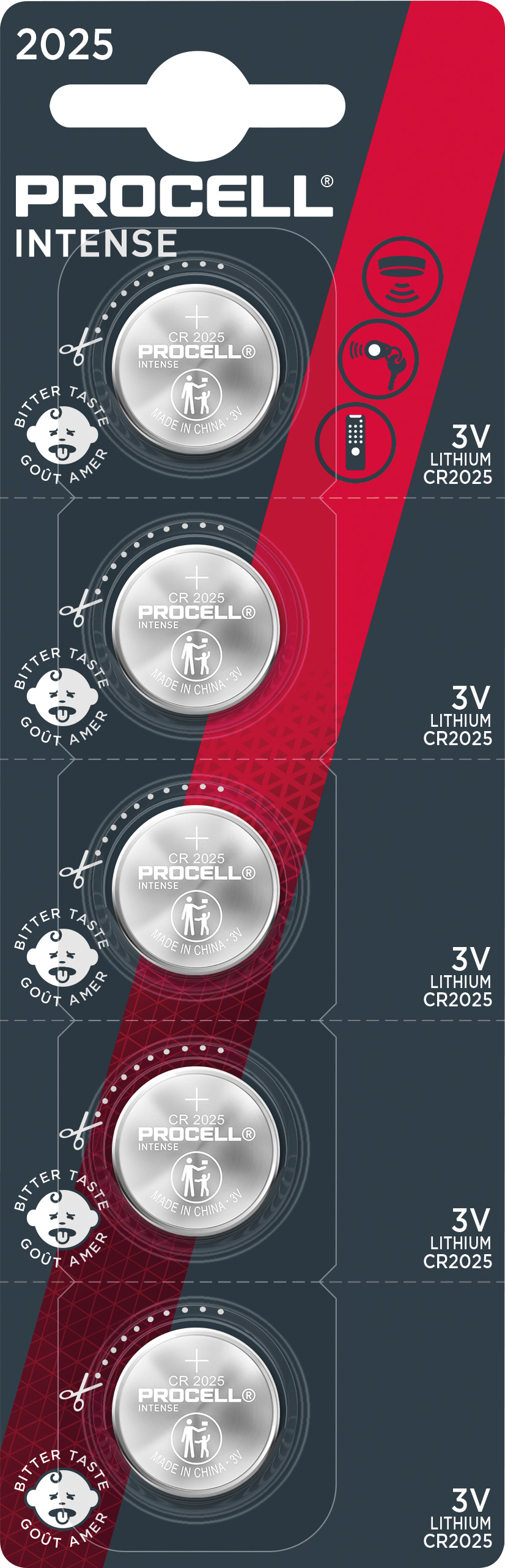 Procell Batterie Lithium, Knopfzelle, CR2025, 3V Intense, Retail-Blister (5-Pack)