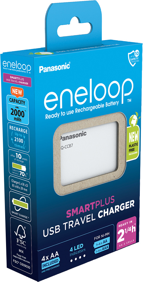 Eneloop Akku NiMH, Universal Ladegerät, SP USB Charger inkl. Akkus, 4x Mignon, AA, 2000mAh, Retail-Box
