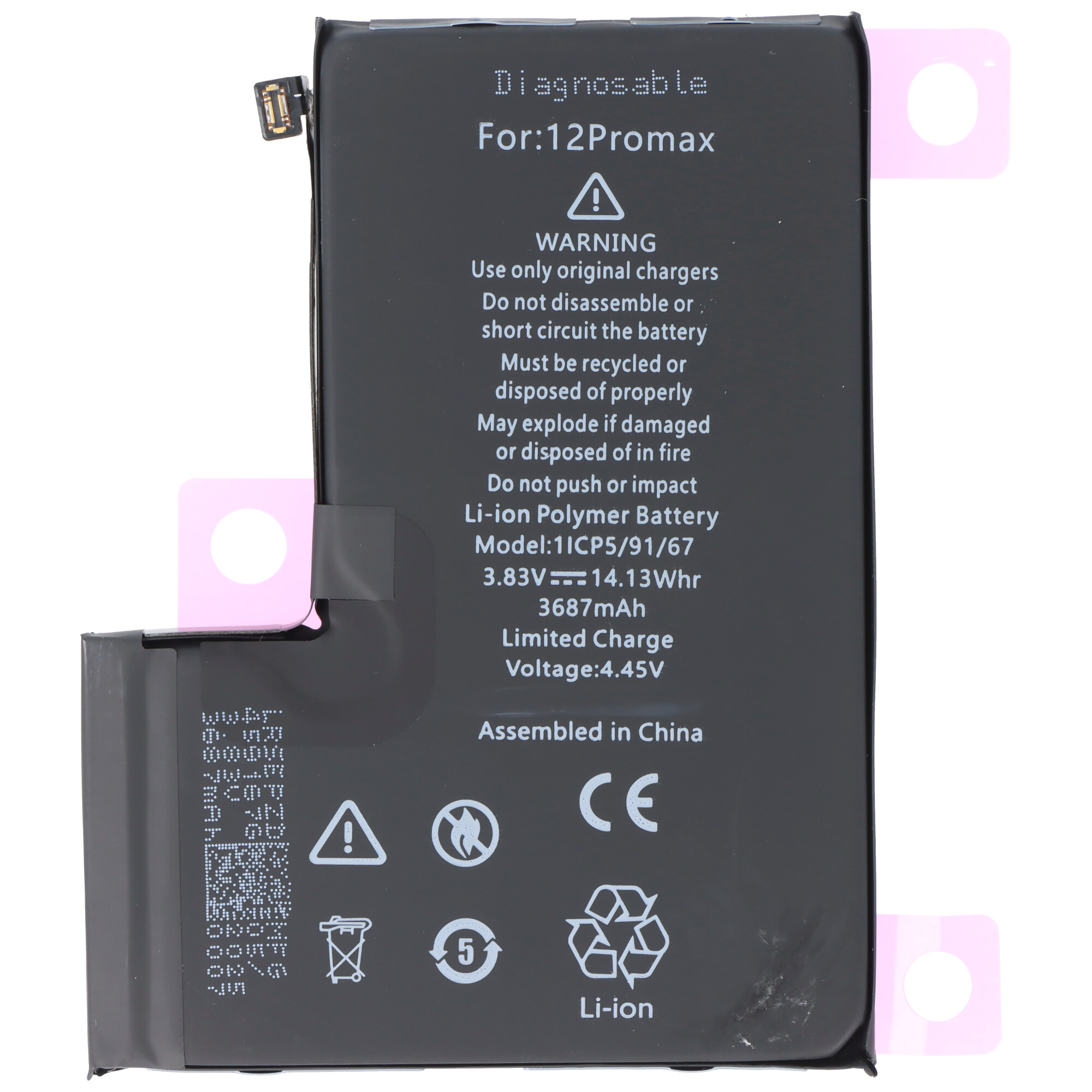 Akku passend für Apple iPhone 12 Pro Max, diagnostizierbar, Li-Polymer, 3,83V, 3687mAh, 14,13Wh, ohne Werkzeug