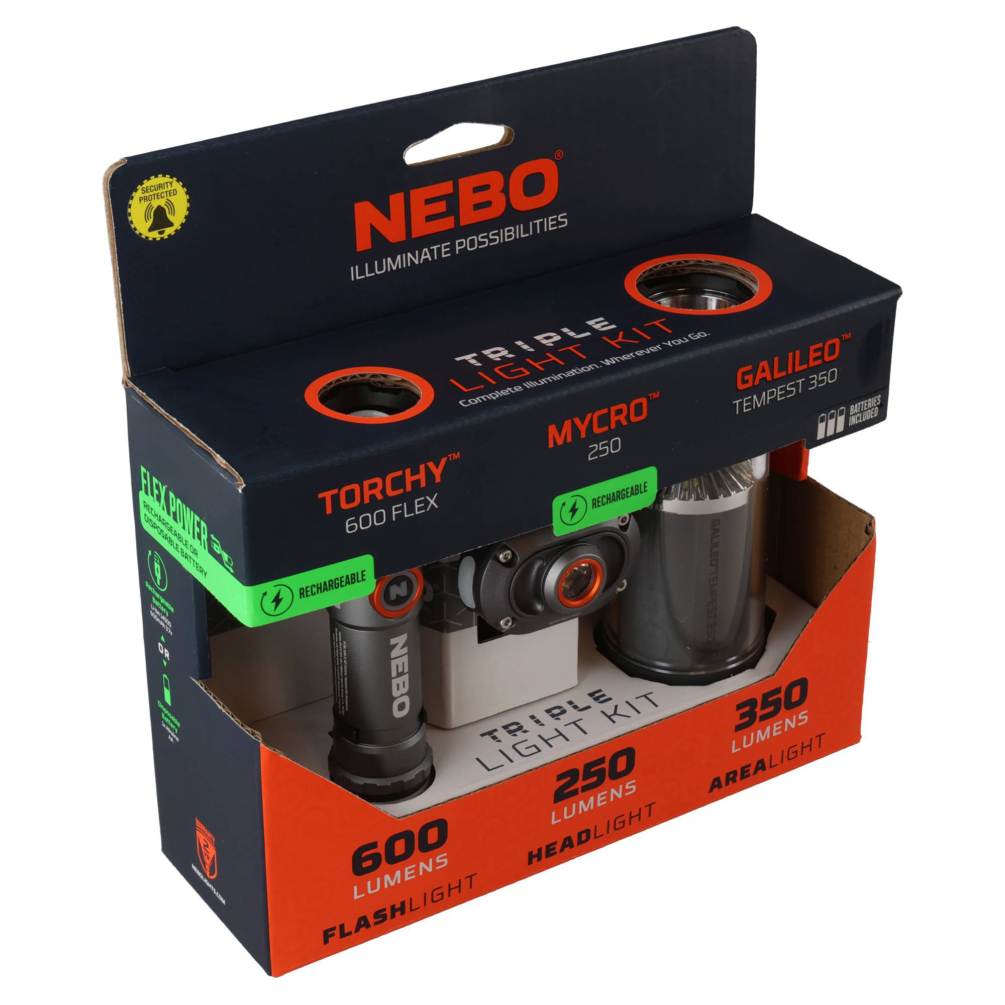 NEBO TRIPLE LIGHT KIT 8 (MYCRO 250 Stirnlampe, GALILEO 350 Laterne, 600 FLEX Taschenlampe, 3x AA (Mignon), 350 Lumen, Reichweite 17 Meter