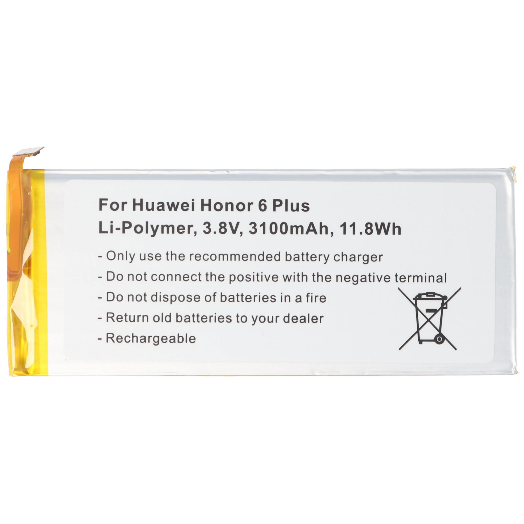 Akku passend für Huawei Honor 6 Plus, Li-Polymer, 3,8V, 3100mAh, 11,8Wh, built-in, ohne Werkzeug