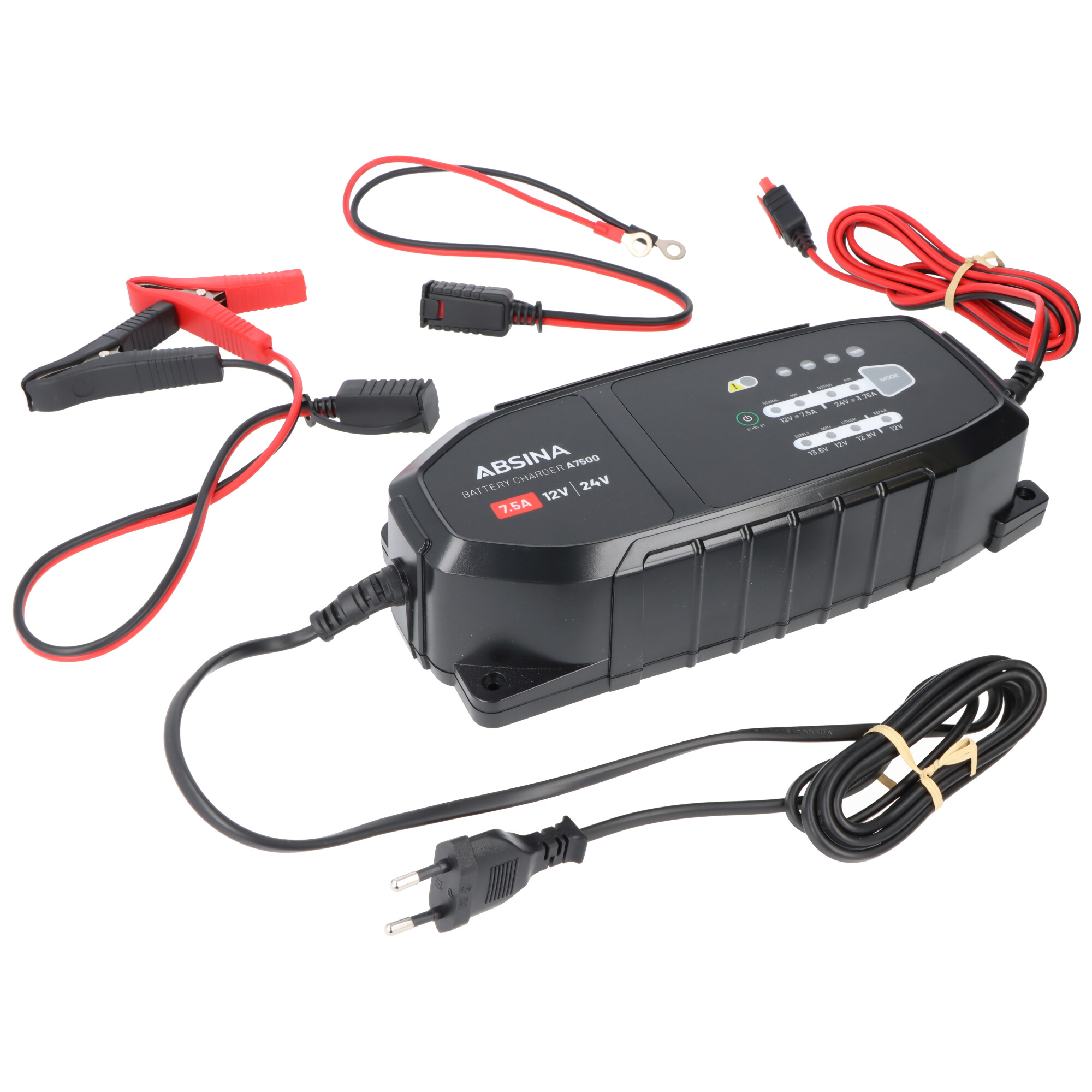 Absina Ladegerät A7500, Ladegerät für 12-24V Blei- und LiFePO4 Akkus, max. Ladestrom 7,5A, ideal für Auto, Motorrad, Wohnmobil