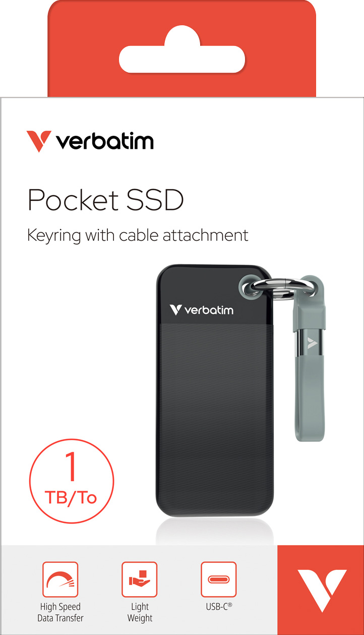 Verbatim SSD 1TB, USB 3.2, Typ-C, Pocket, schwarz-grau (R) 1000MB/s, (W) 1000MB/s, Keyring, Retail-Blister