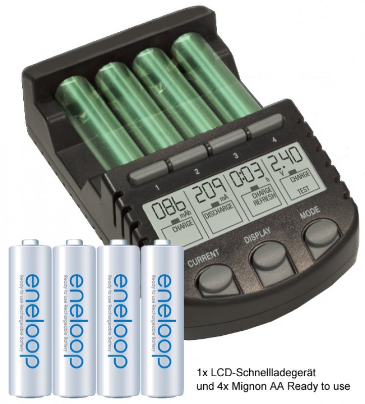 ALPHA700 Schnellladegerät mit LCD-Display inkl. 4x Sanyo HR-3UTG