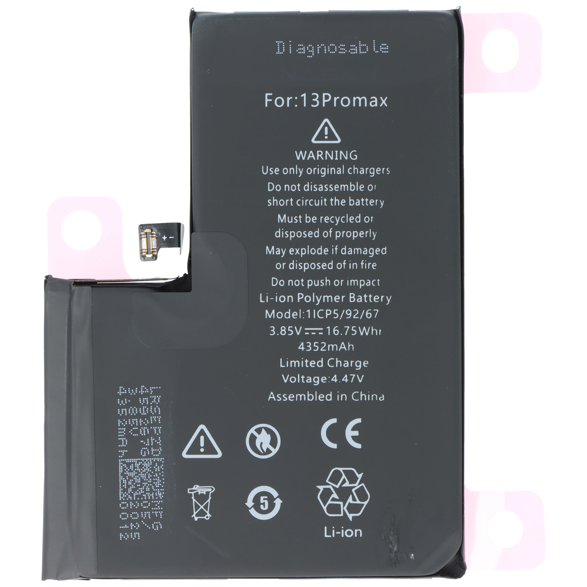 Akku passend für Apple iPhone 13 Pro Max, diagnostizierbar, Li-Polymer, 3,85V, 4352mAh, 16,75Wh, ohne Werkzeug