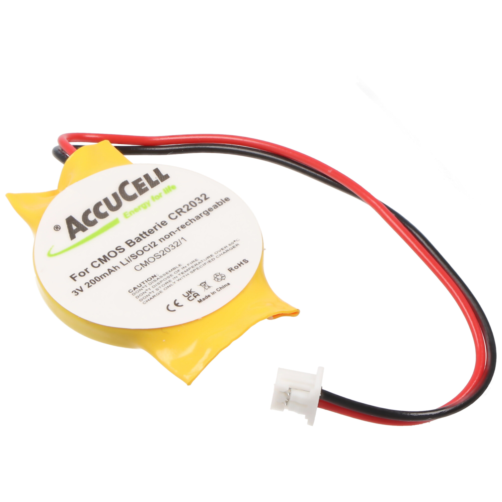 CMOS Batterie CR2032 mit Stecker, Backup Lithium Batterie, Stecker 3x2,6mm, Molex-51021-2P-100 Stecker, Kabellänge 90mm