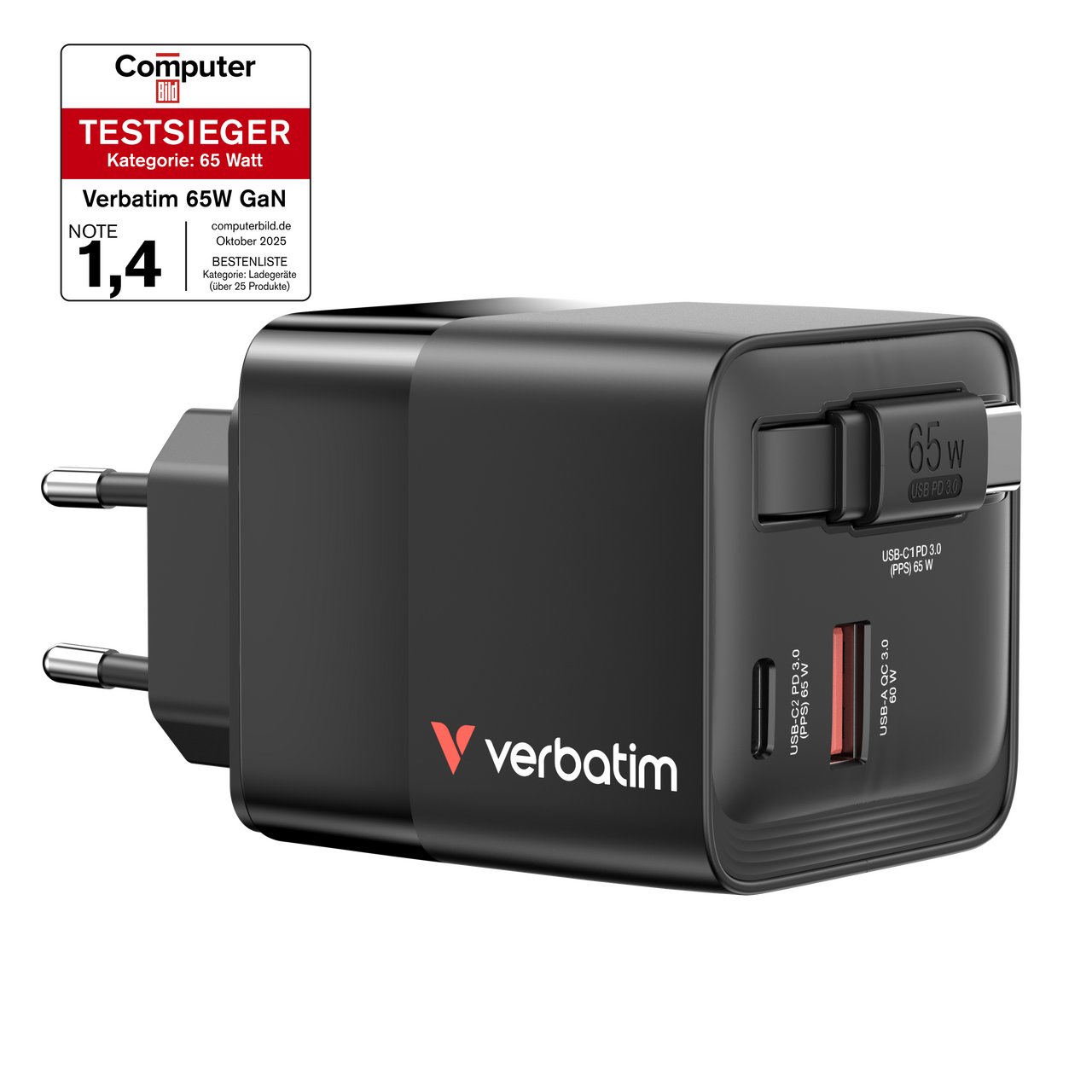 GaN-Ladegerät 65W 2 Port mit einziehbarem Kabel