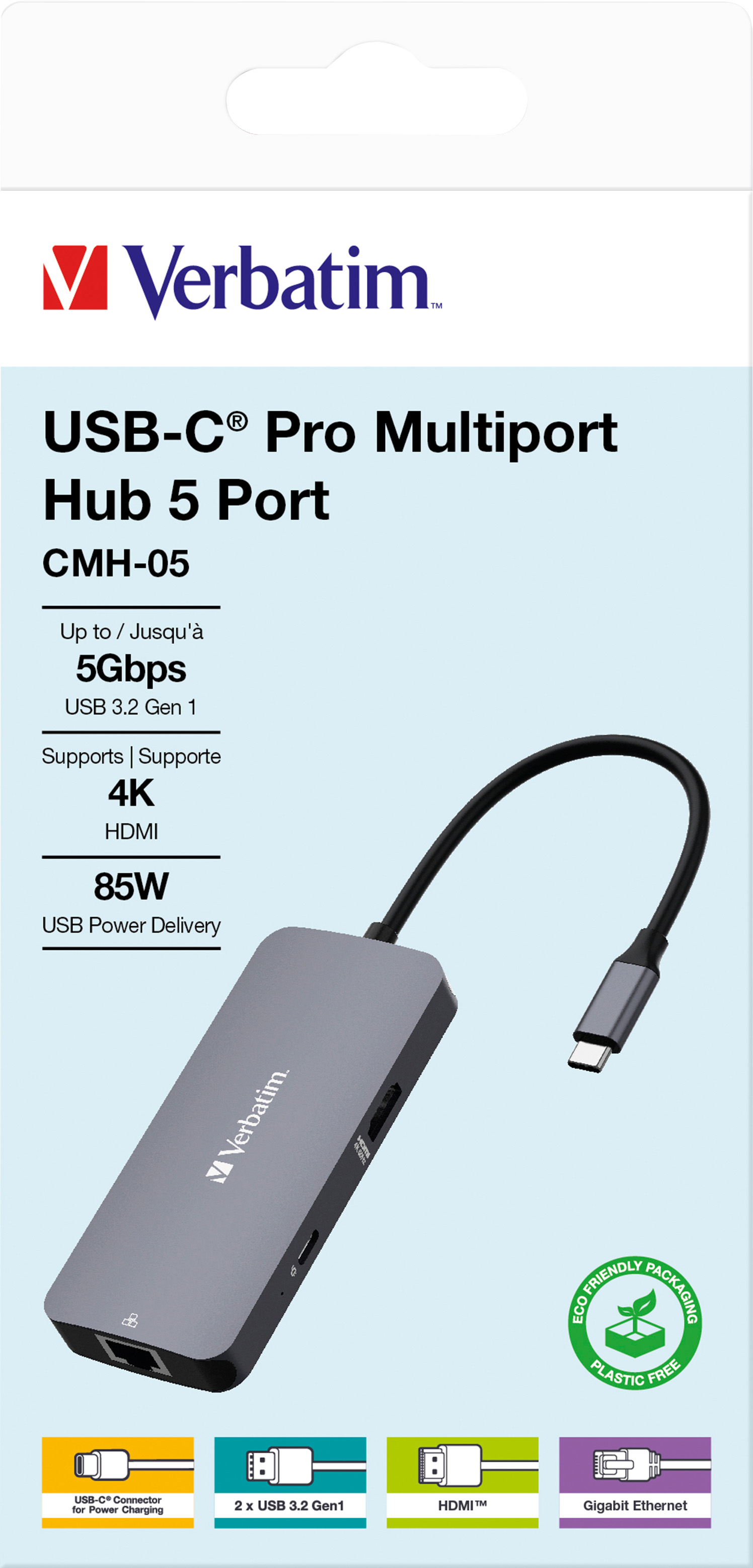 Verbatim Hub, Multiport, CMH-05, 2x USB 3.2-A, USB 3.2-C HDMI 4K, RJ45, USB 3.1-C Kabel, Retail