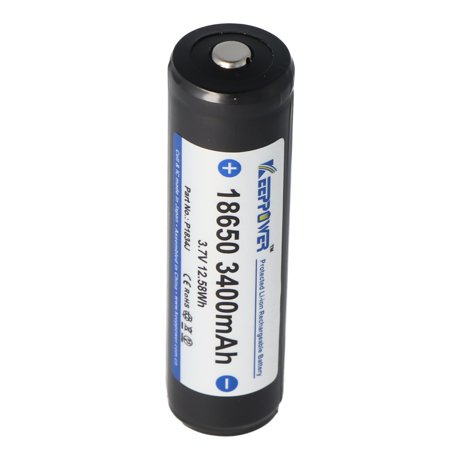 Keeppower 18650 Li-Ion Akku mit 3400mAh, 3,6V - 3,7V Li-Ion-Akku geschützt mit PCB 1 Stück (Button Top)