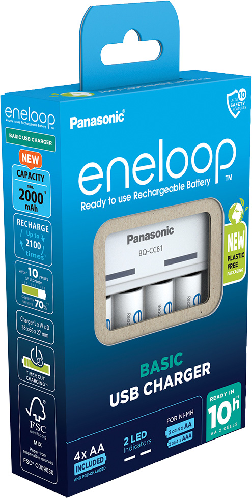 Eneloop Akku NiMH, Universal Ladegerät, Basic USB Charger inkl. Akkus, 4x Mignon, AA, 2000mAh, Retail-Box