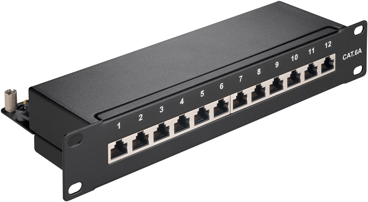 Goobay CAT 6a 10-Zoll (25,4 cm) Patch Panel, 12 Port, (1 HE) - STP geschirmt, schwarz