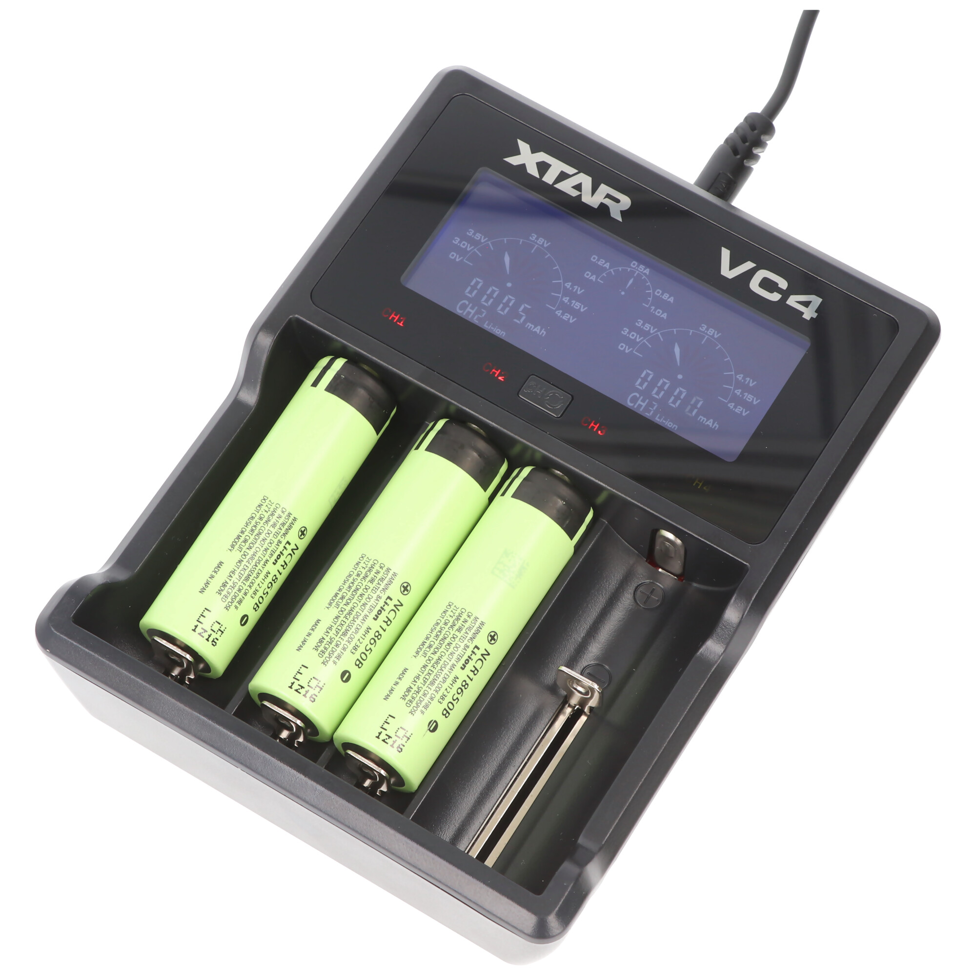 Ladegerät und Panasonic Akku passend für icucam 4, icucell 18650, 3400mAh Lithium Ionen, 3 Stück pro Set