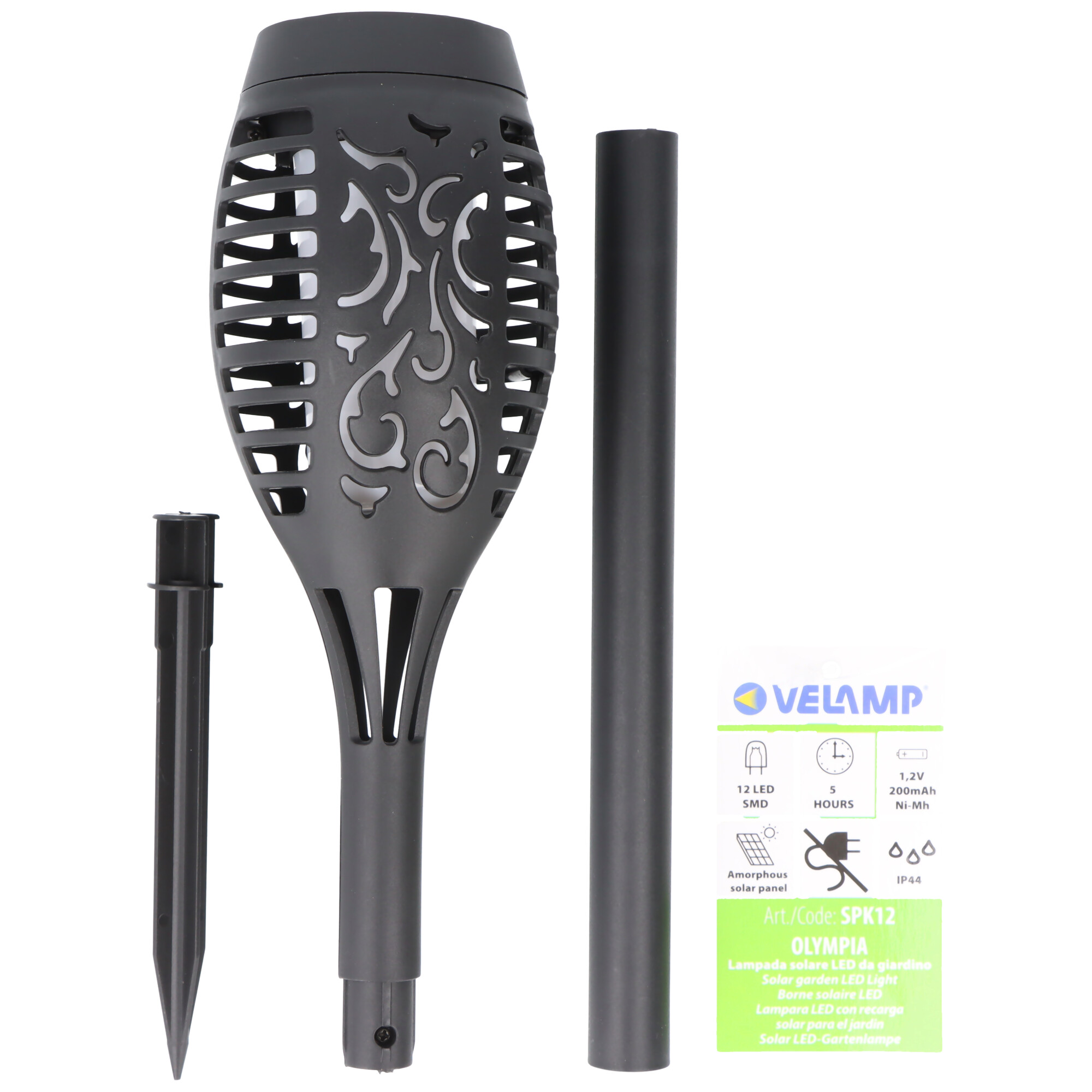 Velamp OLYMPIA, Solar-Gartenpfahl 51cm mit Flammen-Effekt, solarbetriebene LED-Leuchte