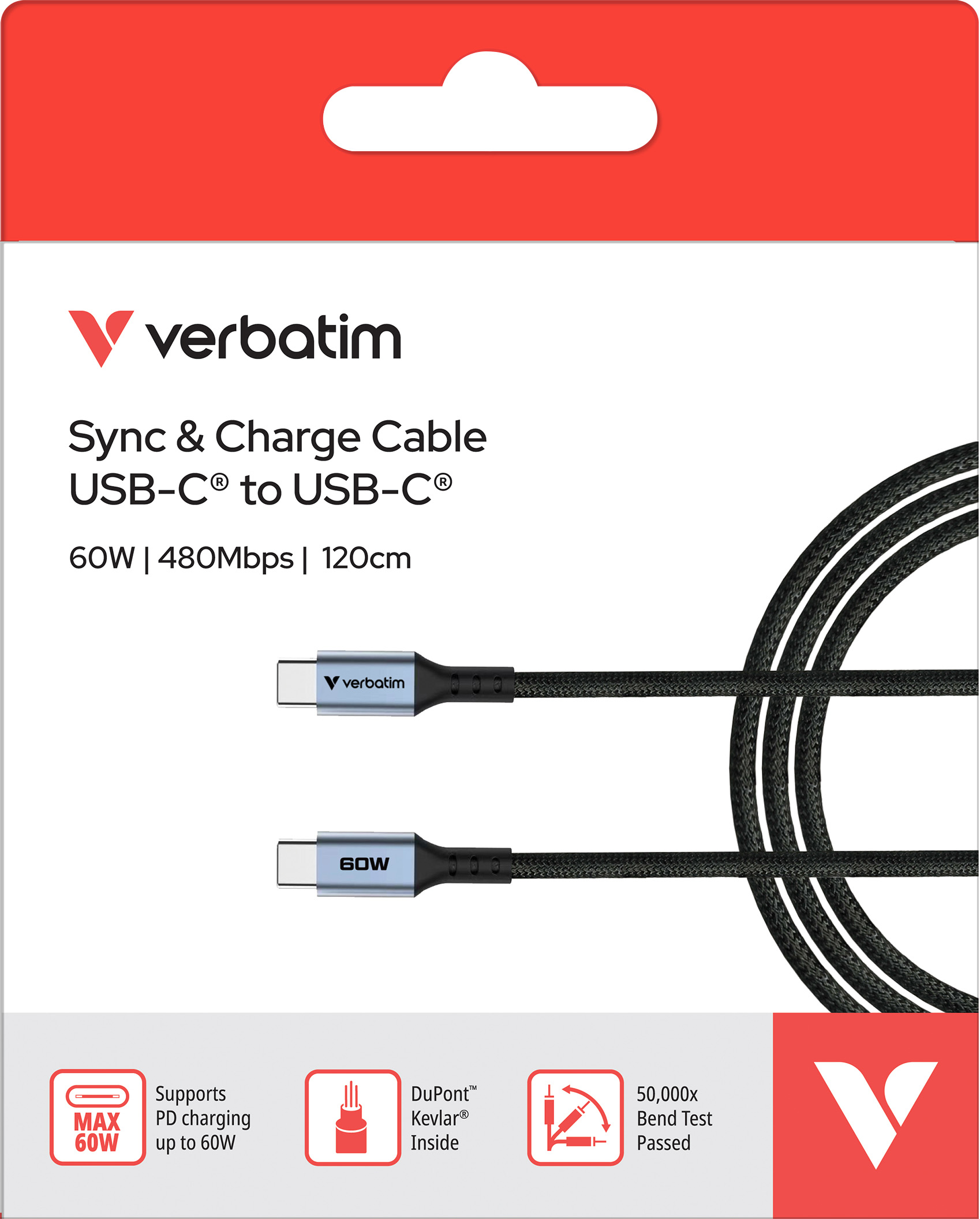 Verbatim Ladekabel, USB-C/USB-C, 1.2m, schwarz Sync&Charge, 60W, 480MBit/s, Retail