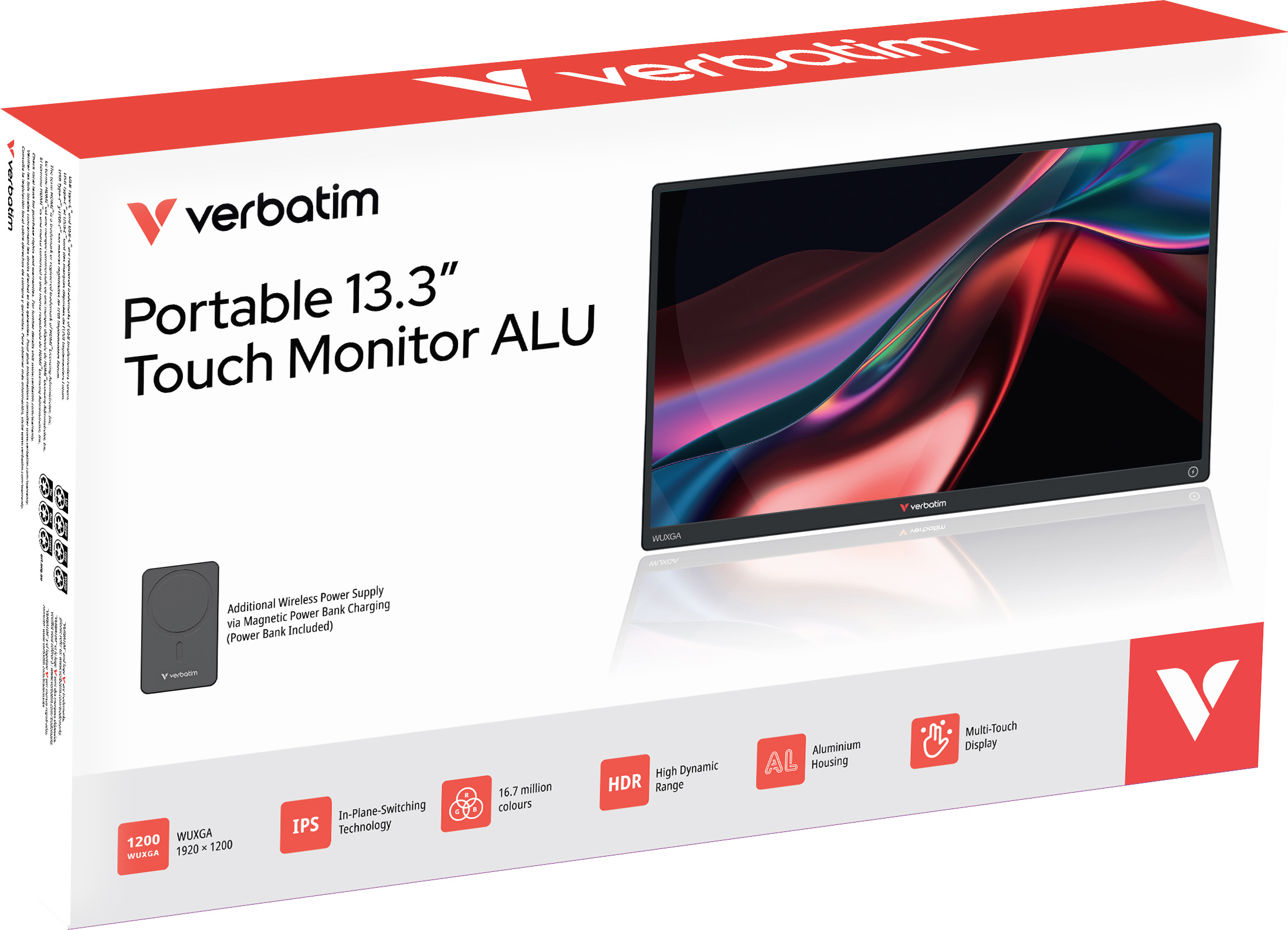 Verbatim Portable Monitor + Powerbank, 13,3'', LCD, WUXGA USB C, HDMI, IPS, 16:10, Touch, ALU, Retail