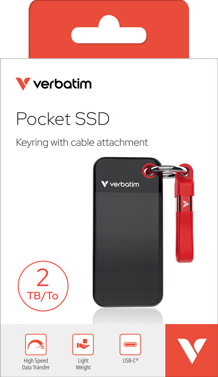 Verbatim SSD 2TB, USB 3.2, Typ-C, Pocket, schwarz-rot (R) 1000MB/s, (W) 1000MB/s, Keyring, Retail-Blister