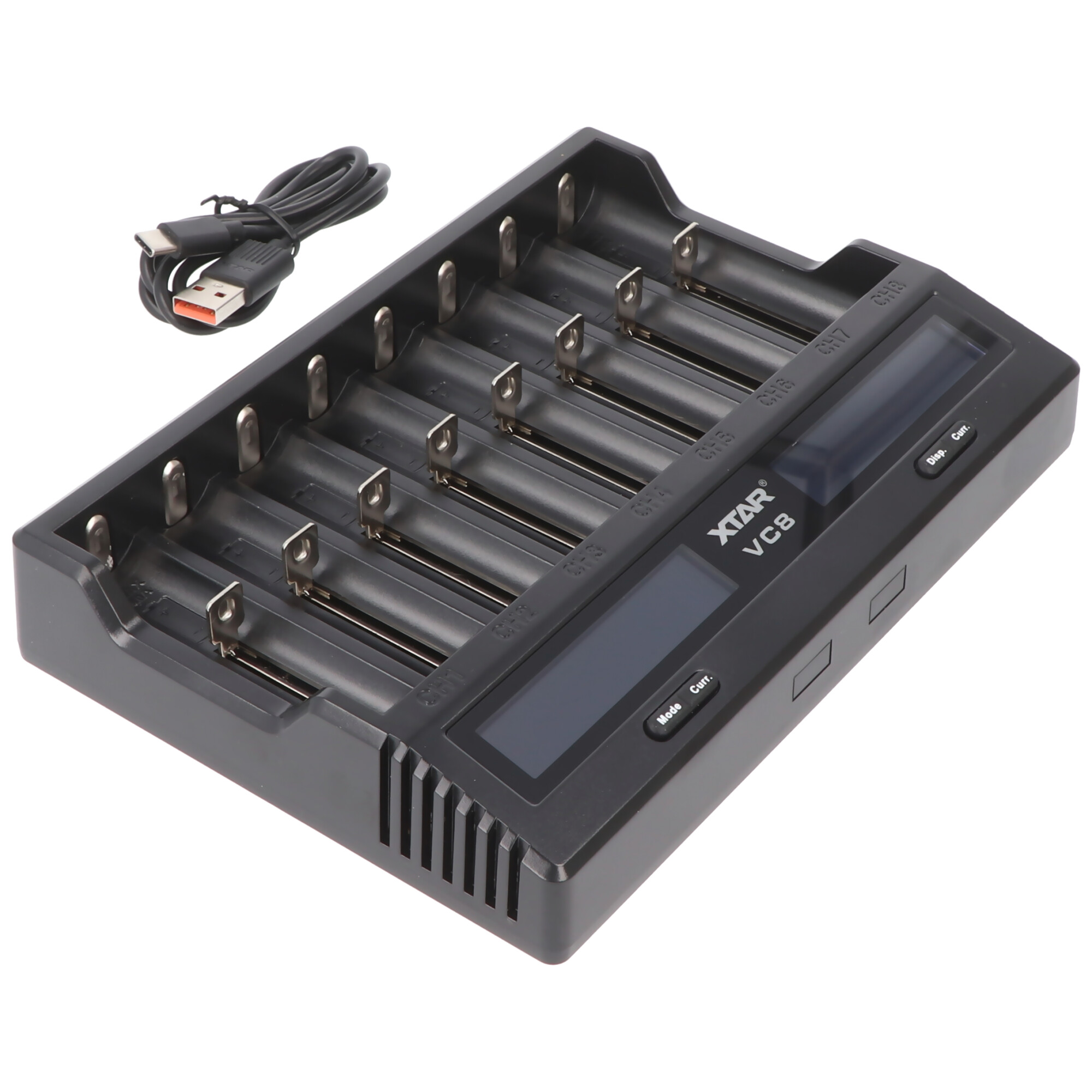 8fach Schnell-Ladegerät für 1-8 Li-Ion 3,6 und 3,7V Akku, Ladestrom max. 3A, lädt Akkus max. Länge 75,5 mm