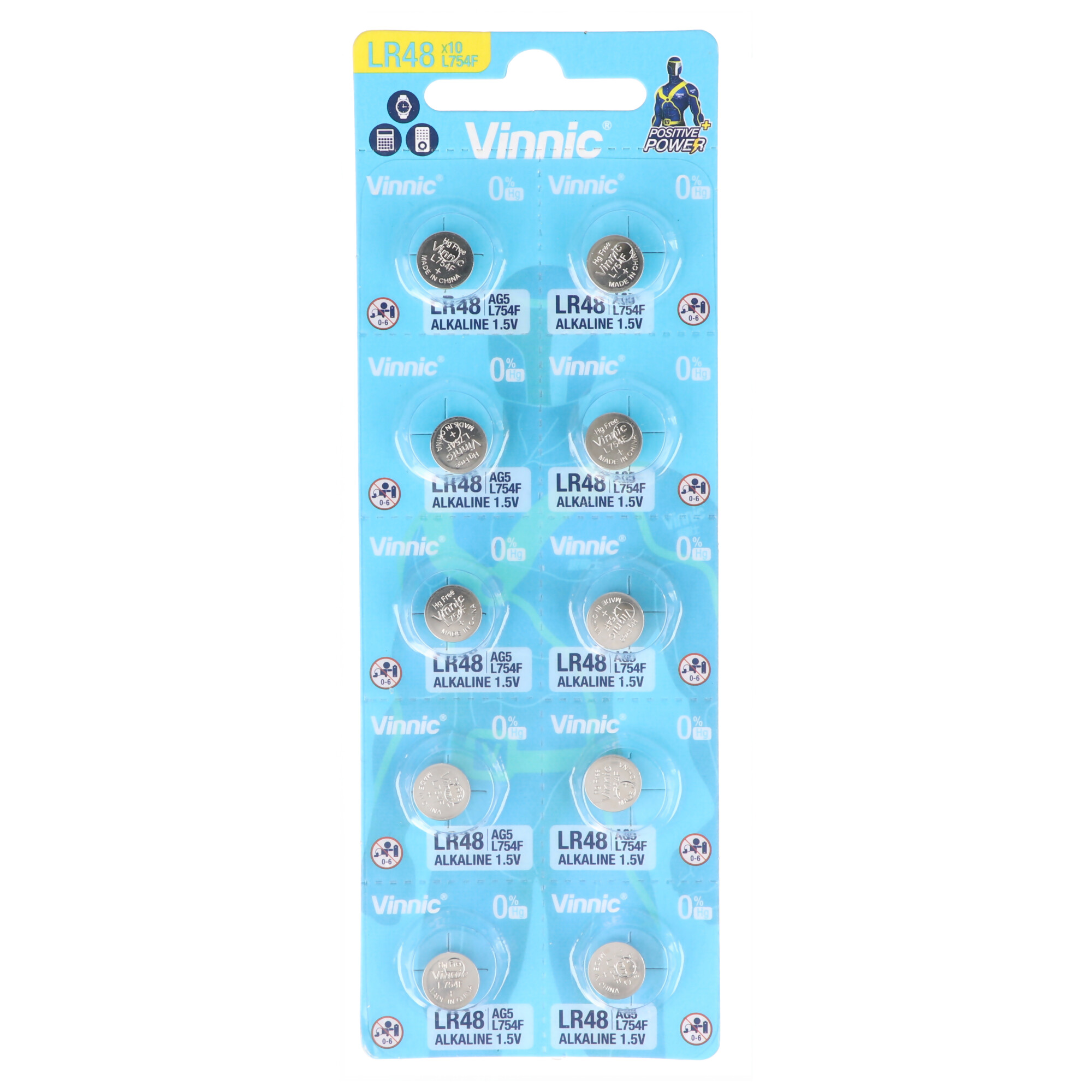 10 Stück Knopfzellen AG5, LR48 mini Vinnic G5, LR 48, AG 5, LR754 Alkaline Batterie