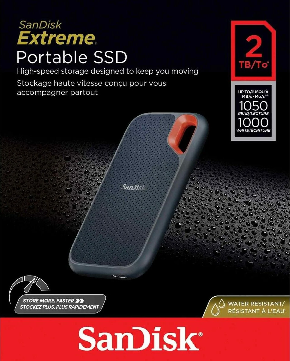 Sandisk SSD 2TB, USB 3.2, Typ A-C, Extreme Portable (R) 1050MB/s, (W) 1000MB/s, AES 256-Bit, Retail