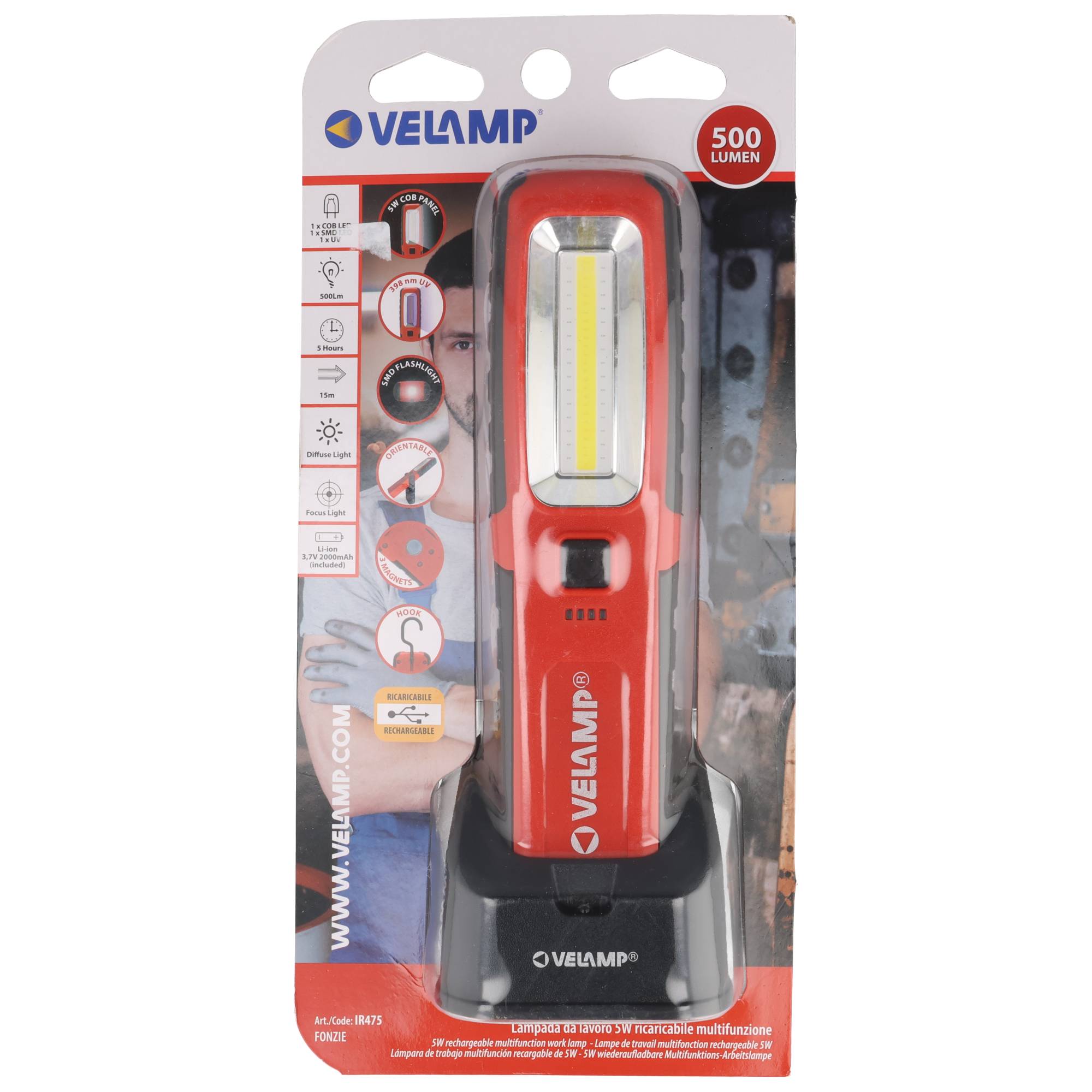VELAMP FONZIE 3-in-1 Arbeitsleuchte – 500 Lumen LED, UV-Licht und Taschenlampe mit Ladestation