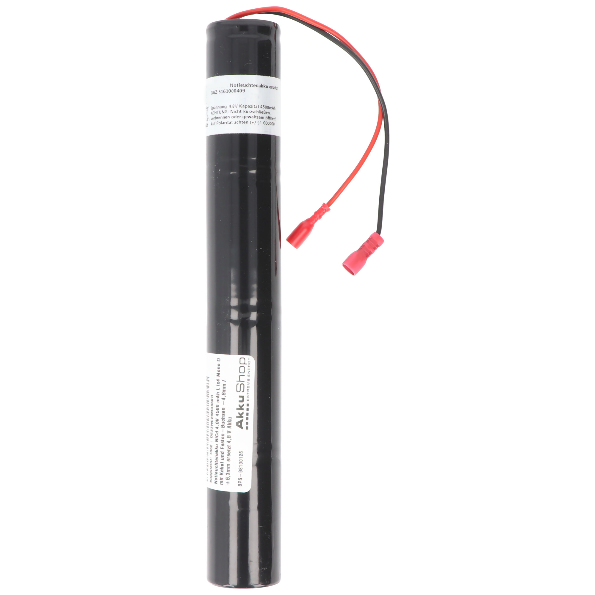 Notleuchtenakku NiMH 4,8V 4500 mAh L1x4 Mono D mit Kabel und Faston-Buchsen -4,8mm / +6,3mm ersetzt 4,8 V Akku