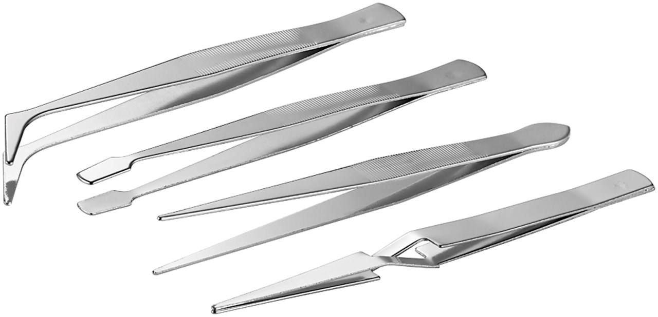 Fixpoint Pinzetten-Set 4-teilig - 1x Spitzpinzette, gerade, 1x Spitzpinzette, gebogen, 1x Flachpinzette, gebogen, 1x Kreuzpinzette, 110 mm