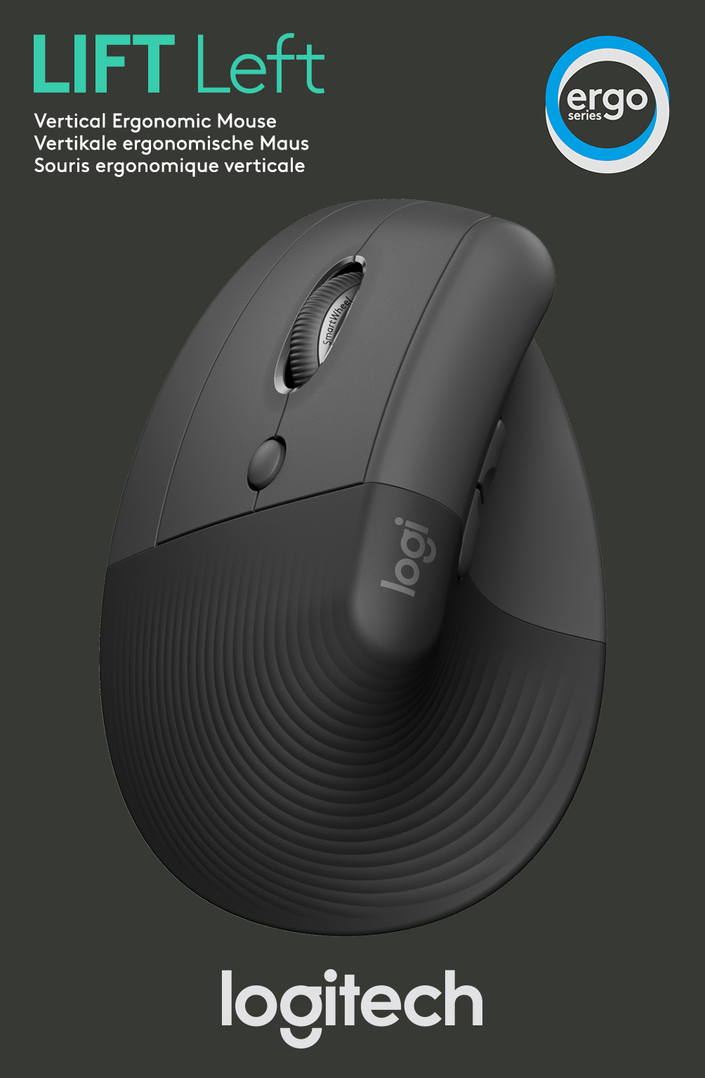 Logitech Maus LIFT, Vertical, Wireless, Bolt, Bluetooth, grafit Optical, 4000 dpi, 6 Tasten, Left, Retail