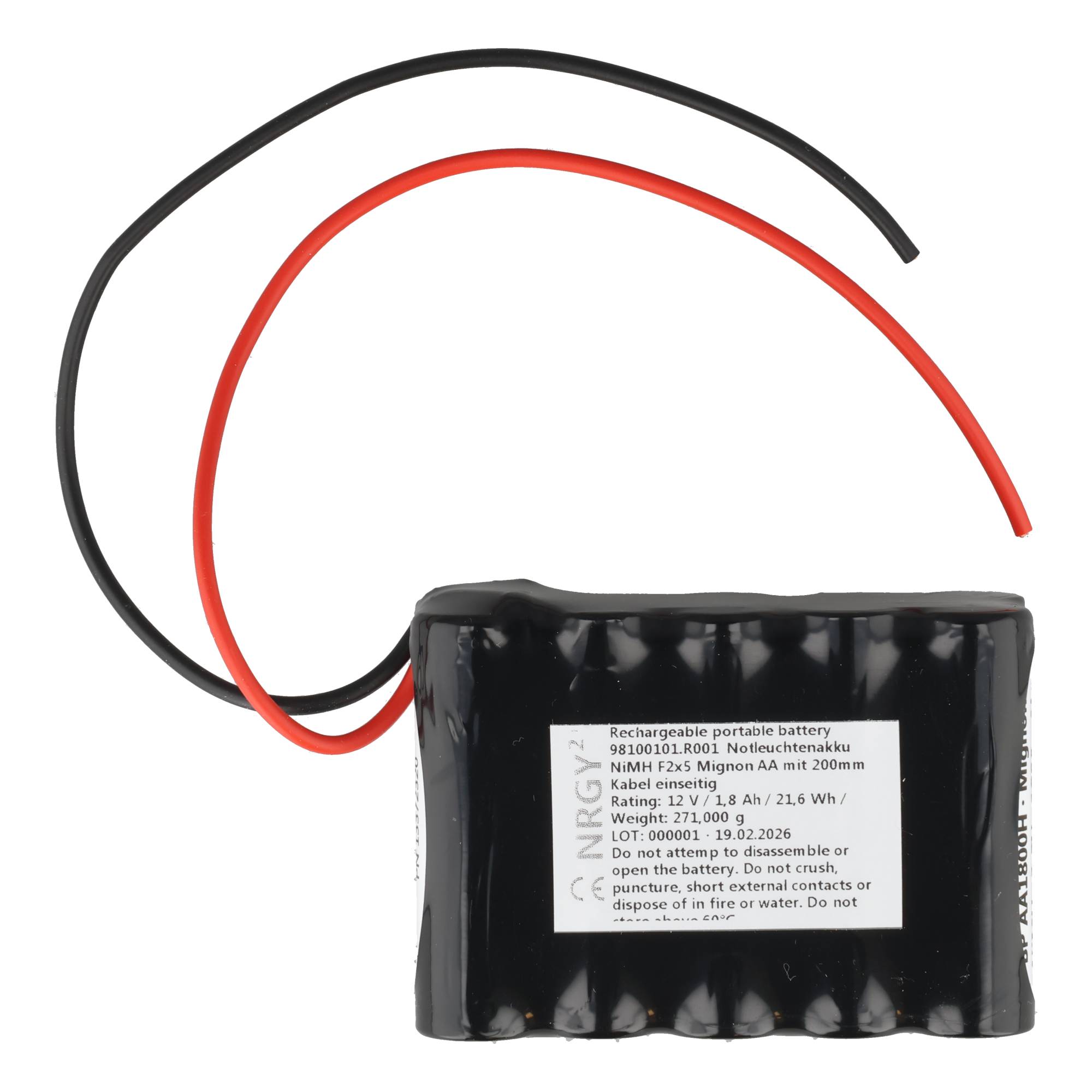 Notleuchtenakku NiMH 12V 1800mAh F2x5 Mignon AA mit 200mm Kabel einseitig