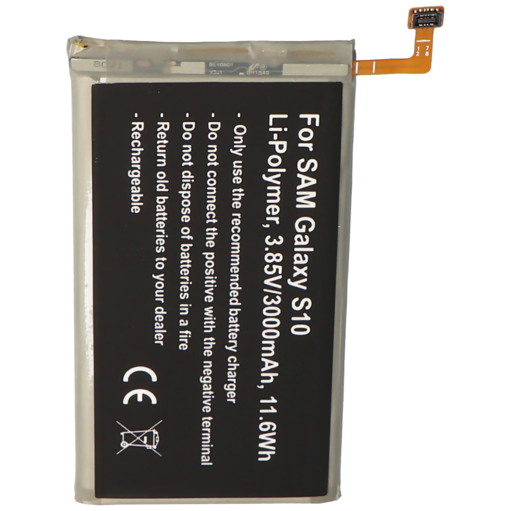Akku passend für Samsung Galaxy S10, Li-Polymer, 3,85V, 3000mAh, 11,6Wh, built-in, ohne Werkzeug