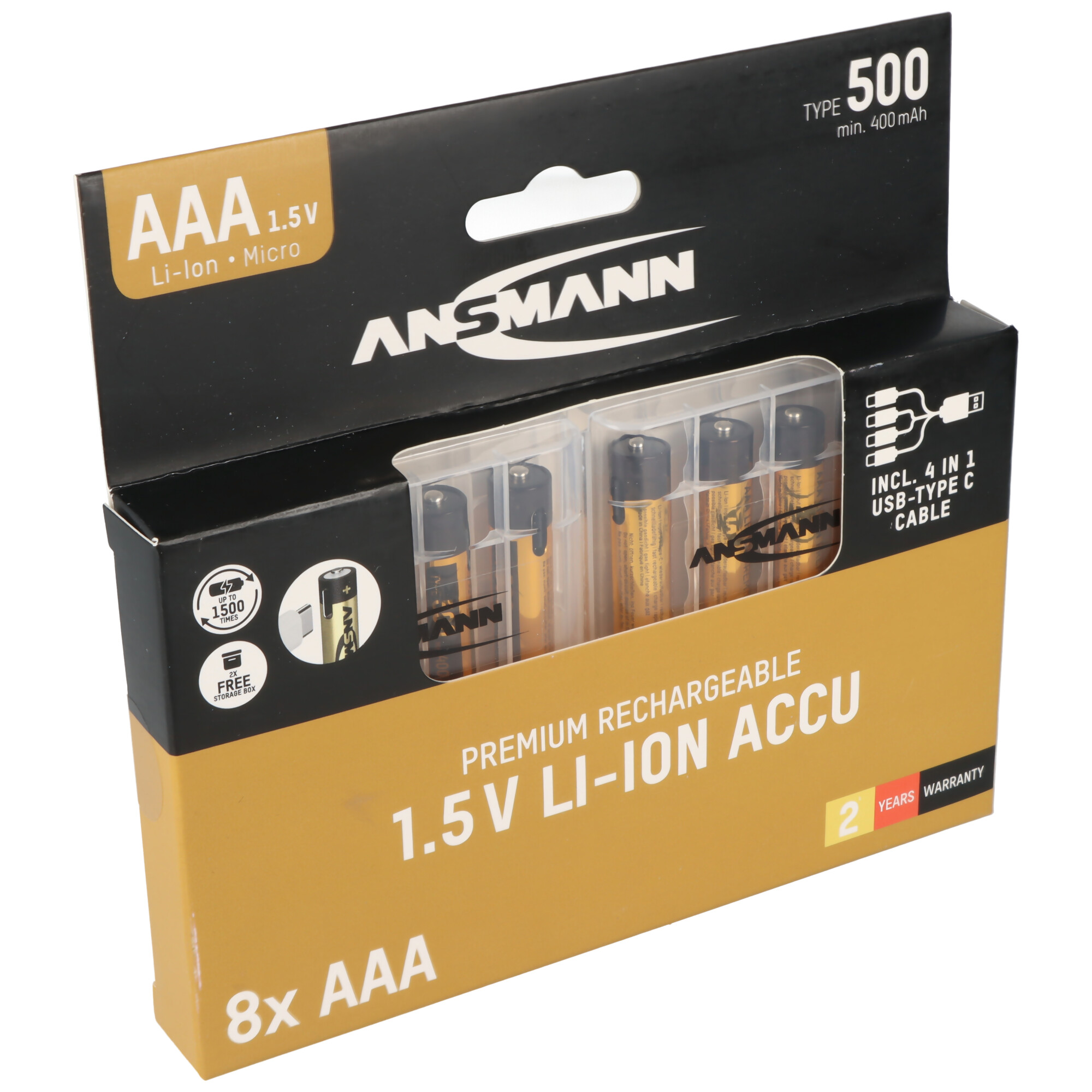 8 Stück Ansmann Premium Li-Ion Akkus Micro AAA 500mAh, mit USB-C Lademöglichkeit,  8er inkl. 2x Akkubox sowie einem 4Fach USB-C Ladekabel