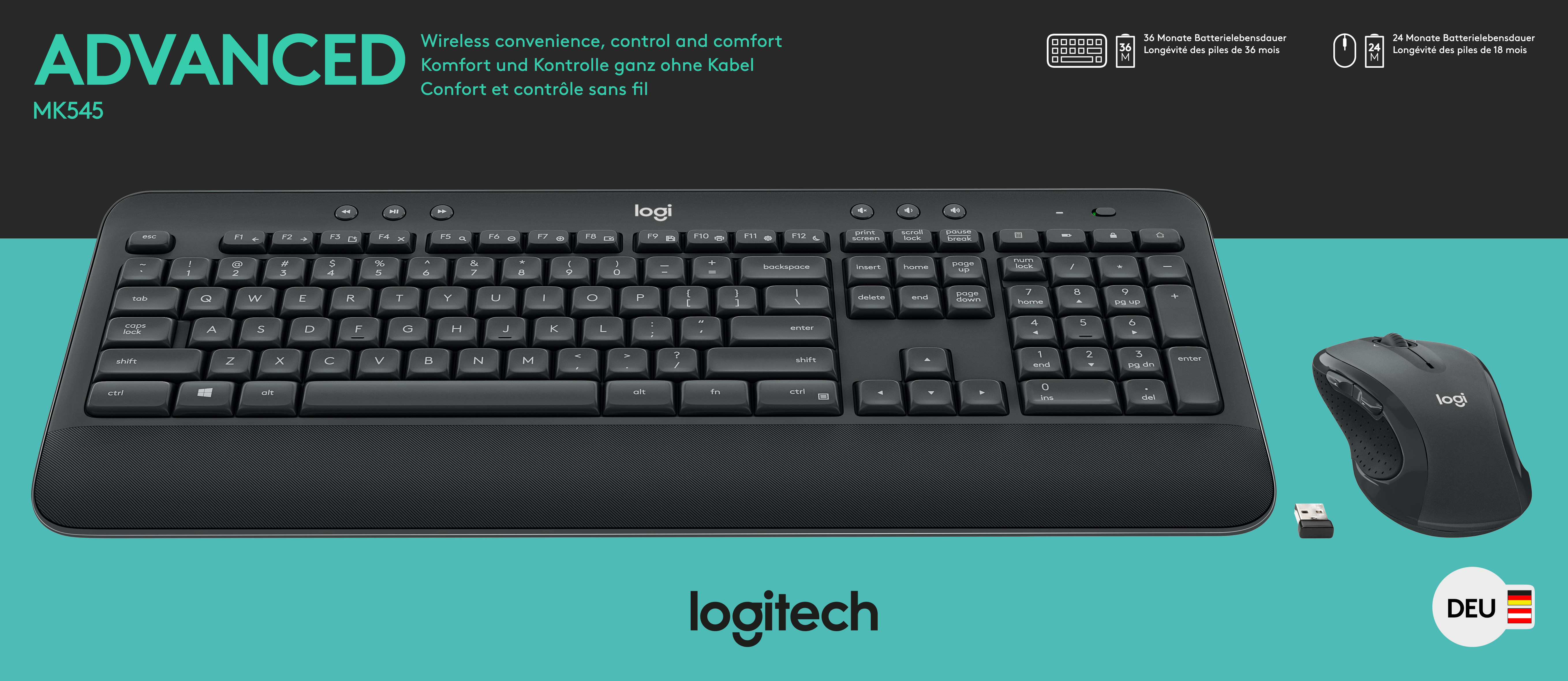 Logitech Tastatur/Maus Set MK545, Wireless, Unifying, schwarz Advanced, DE, Laser, 1000 dpi, Retail